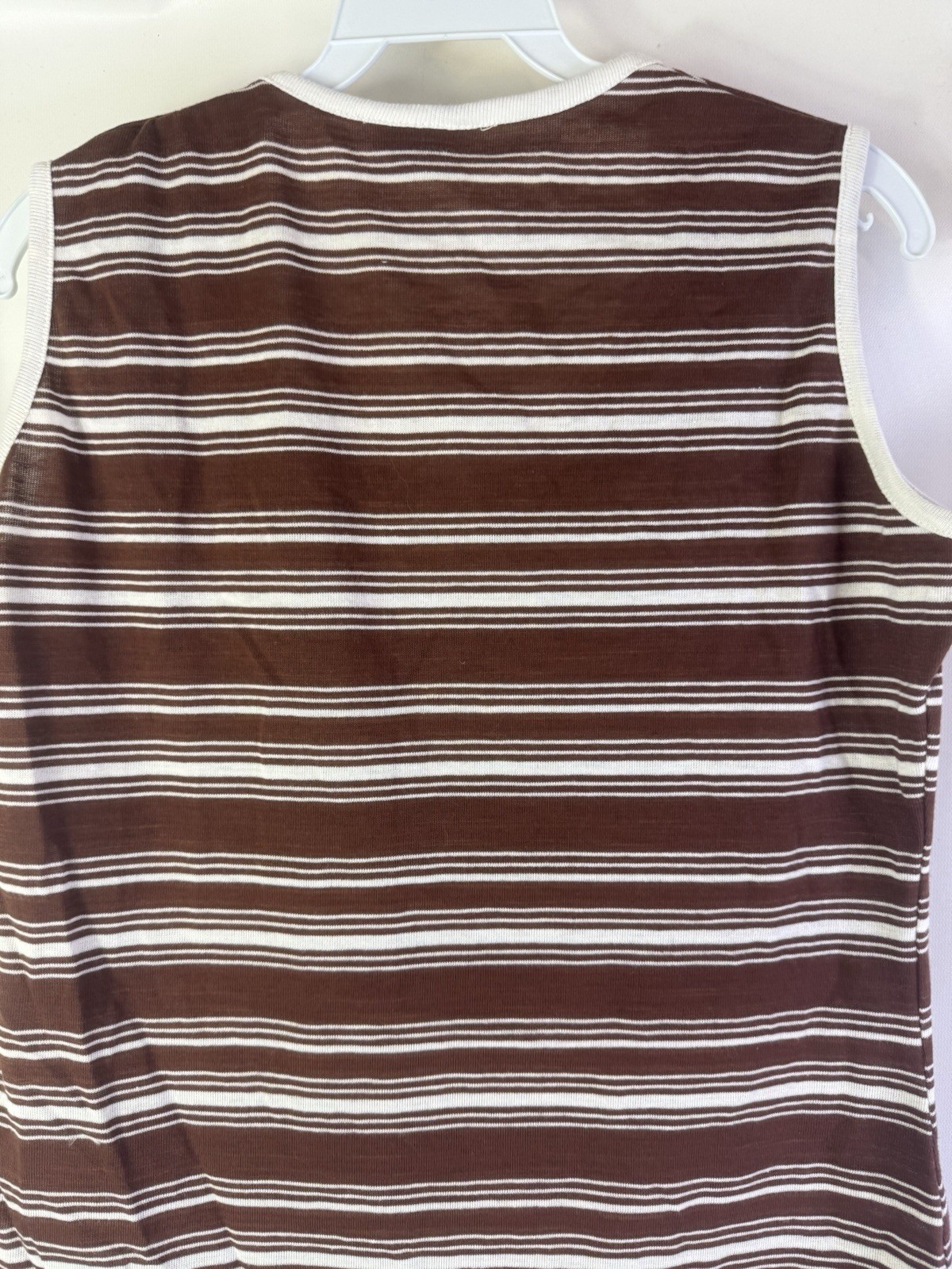 Vintage 70s Mod Rockabilly Womens Large Brown Striped Sleeveless Shirt Tank Top