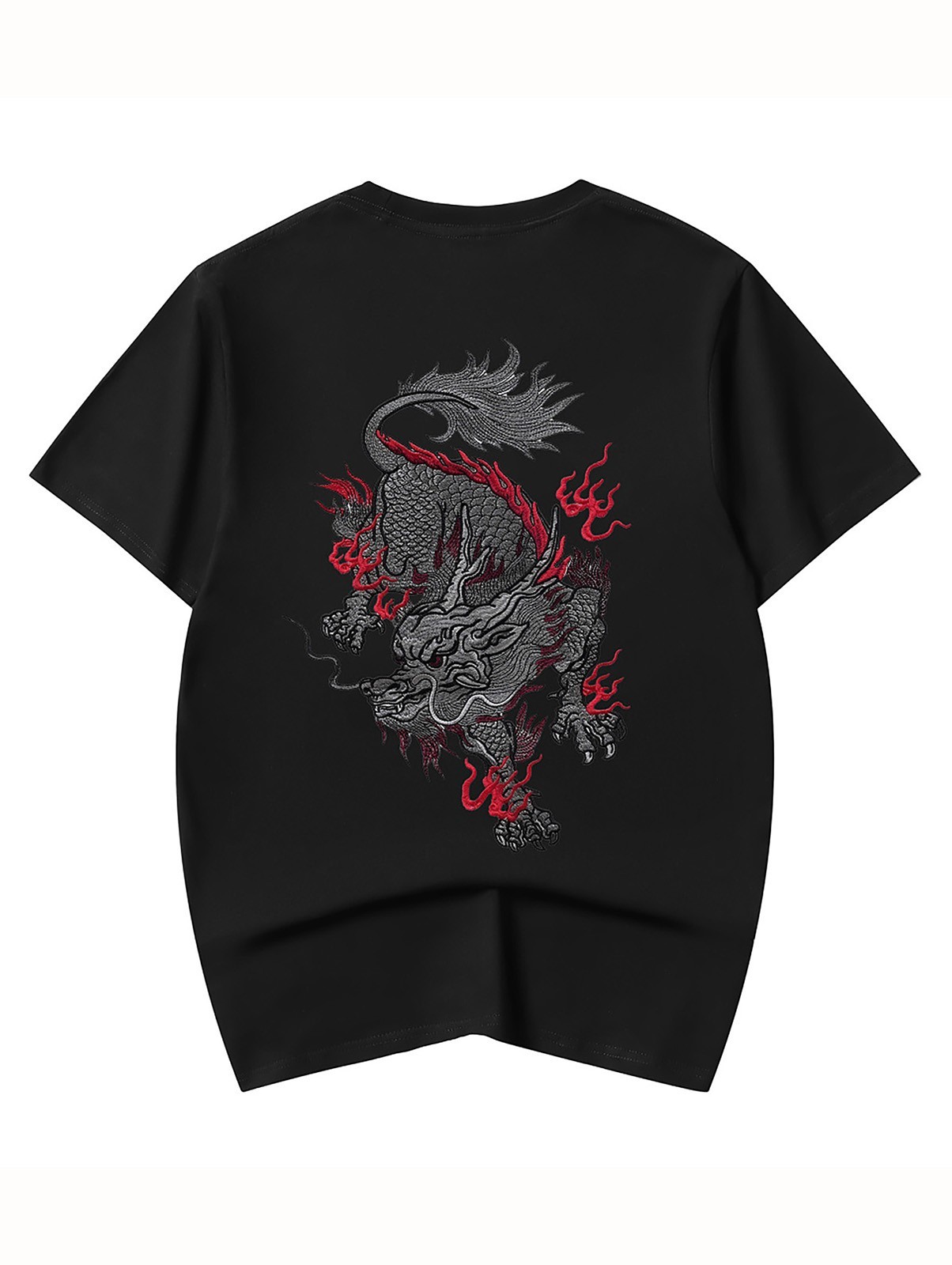 Niepce Men’s Dragon with Red Flames Embroidery Tee Japanese Streetwear T-Shirt