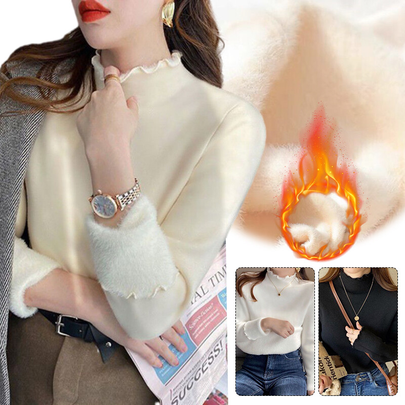 Thickened Sweater Solid Plush High Neck Warm Slim Fleece Tops Winter Womens