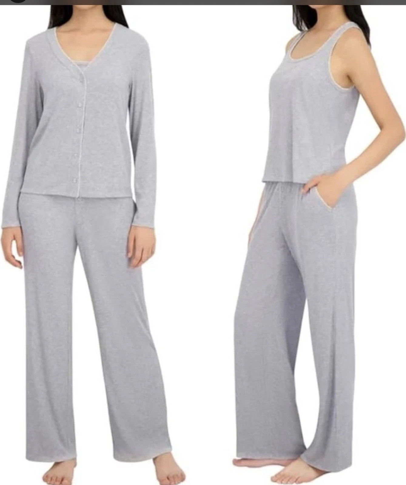 Live2Lounge Women’s 3 Piece Picot Ribbed Pajama Lounge Set, Gray, Small