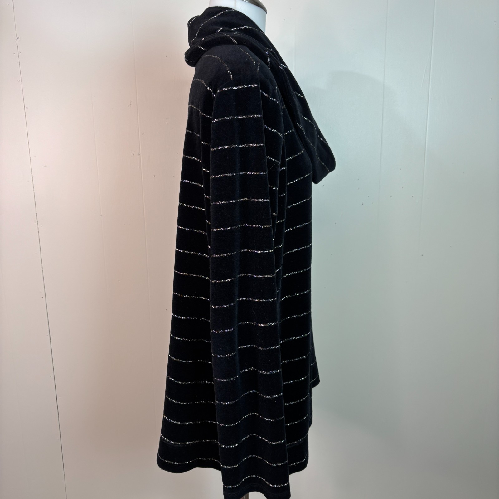 Talbots Top Large Black Velour Cowl Neck Silver Sparkle Stripe Long Sleeve Shirt