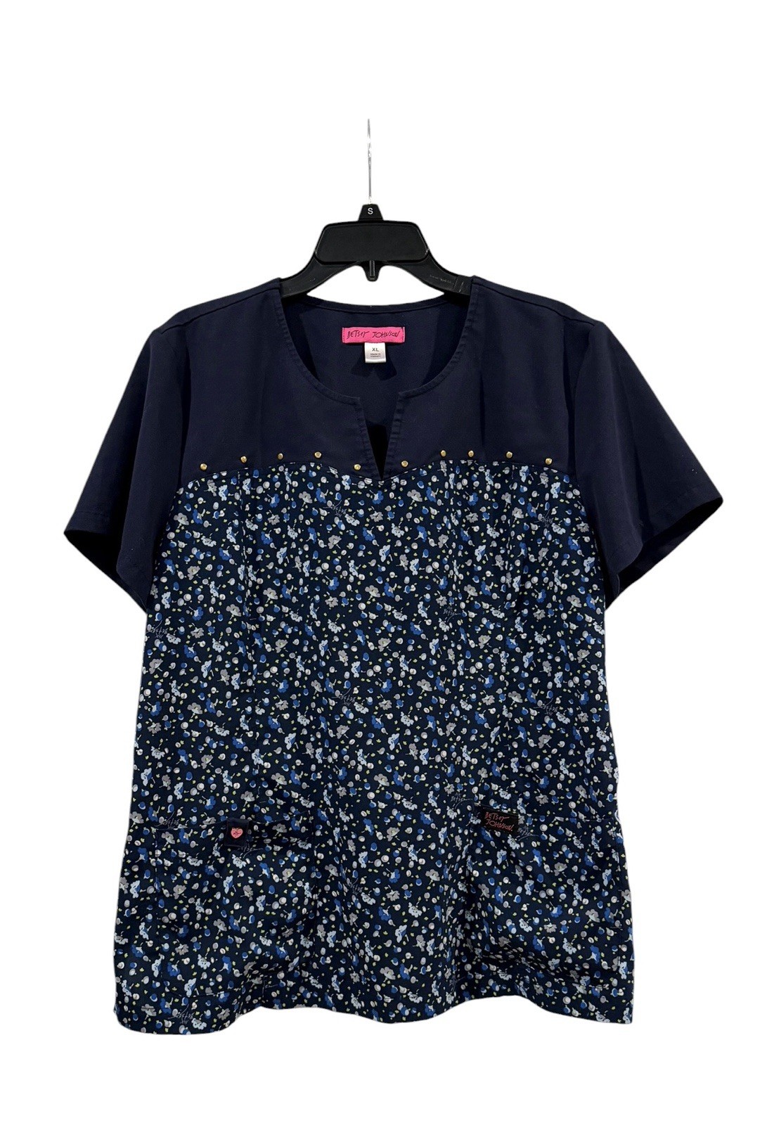 Betsey Johnson X KOI Dark Blue Dandelion Scrub Top Ditsy Floral Print Sz XL