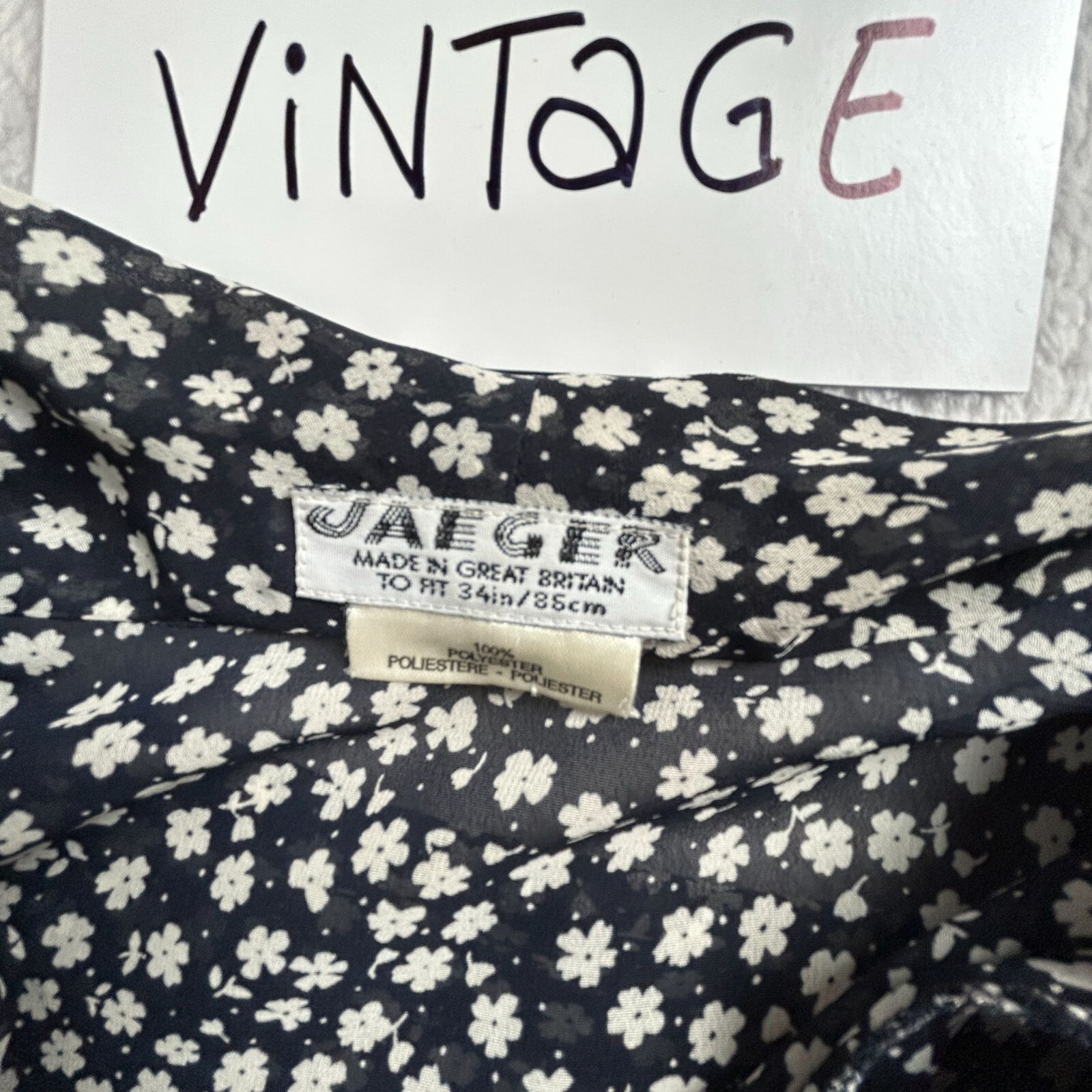 Vintage Jaeger Black White Floral Print Tie-Front Blouse Top Lightweight Casual
