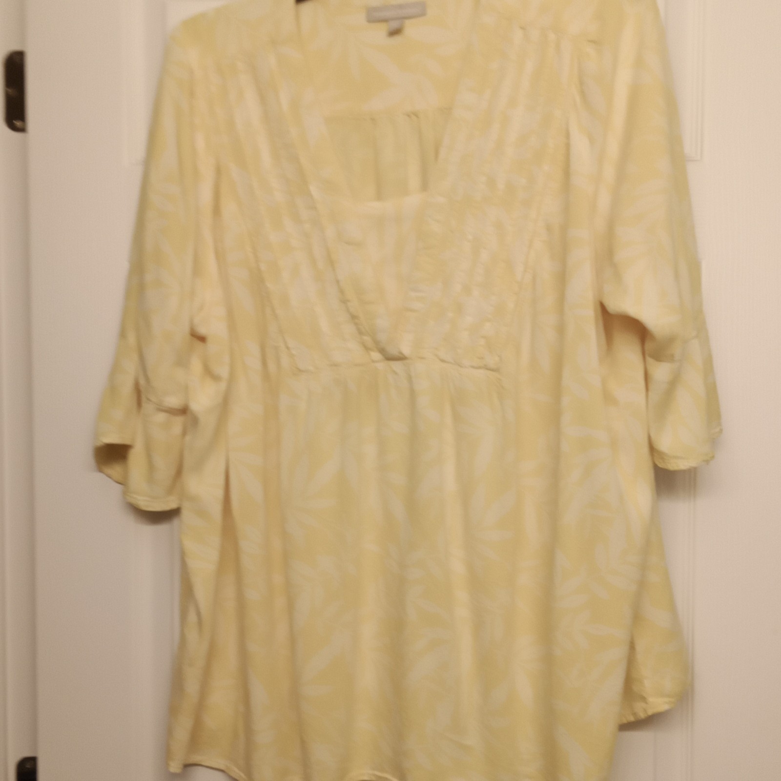 Woman Within Plus One Size Yellow White Floral Cotton V-Neck 3/4 Tunic Blouse