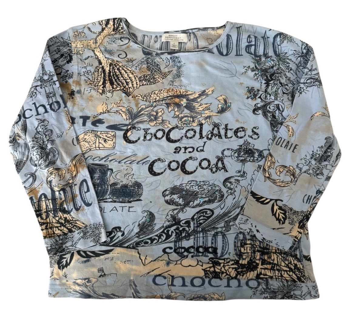 Great Northwest Clothing Co. Chocolates & Cocoa Shirt Adult Small Blue Women’s