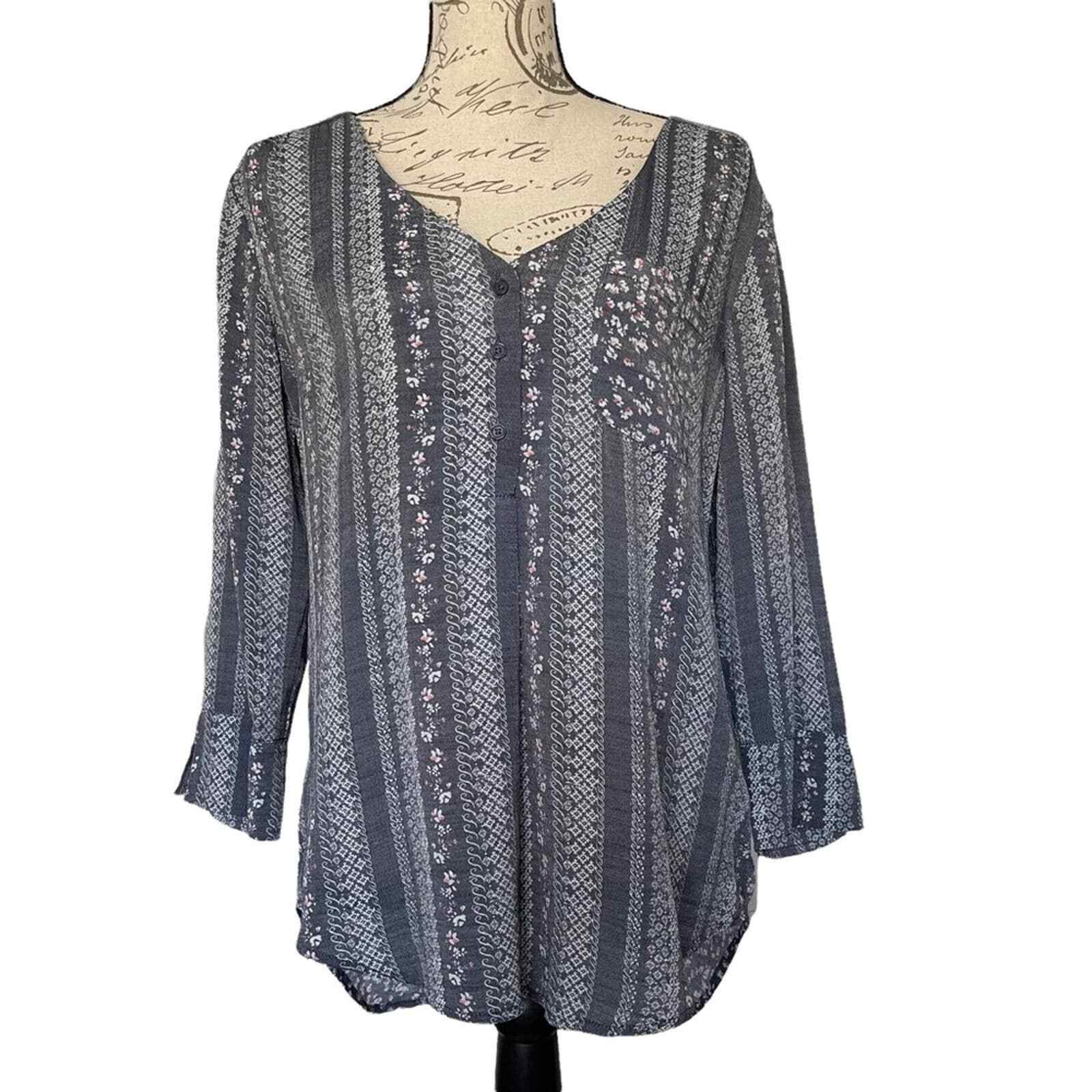 Fred David Floral Tunic Top Womens Sz M 3/4 Sleeve V-Neck Boho Hippie Bloomcore
