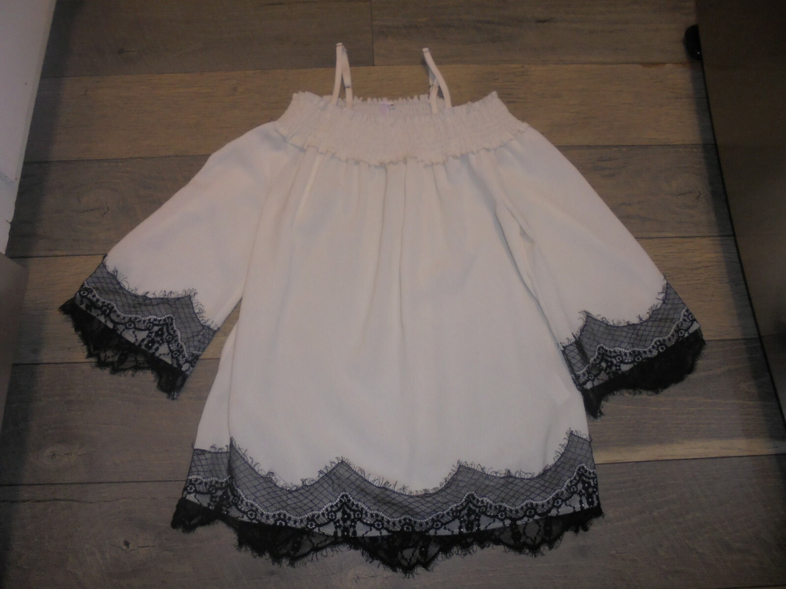 Pink Blush ivory and black lace off the shoulder blouse size S