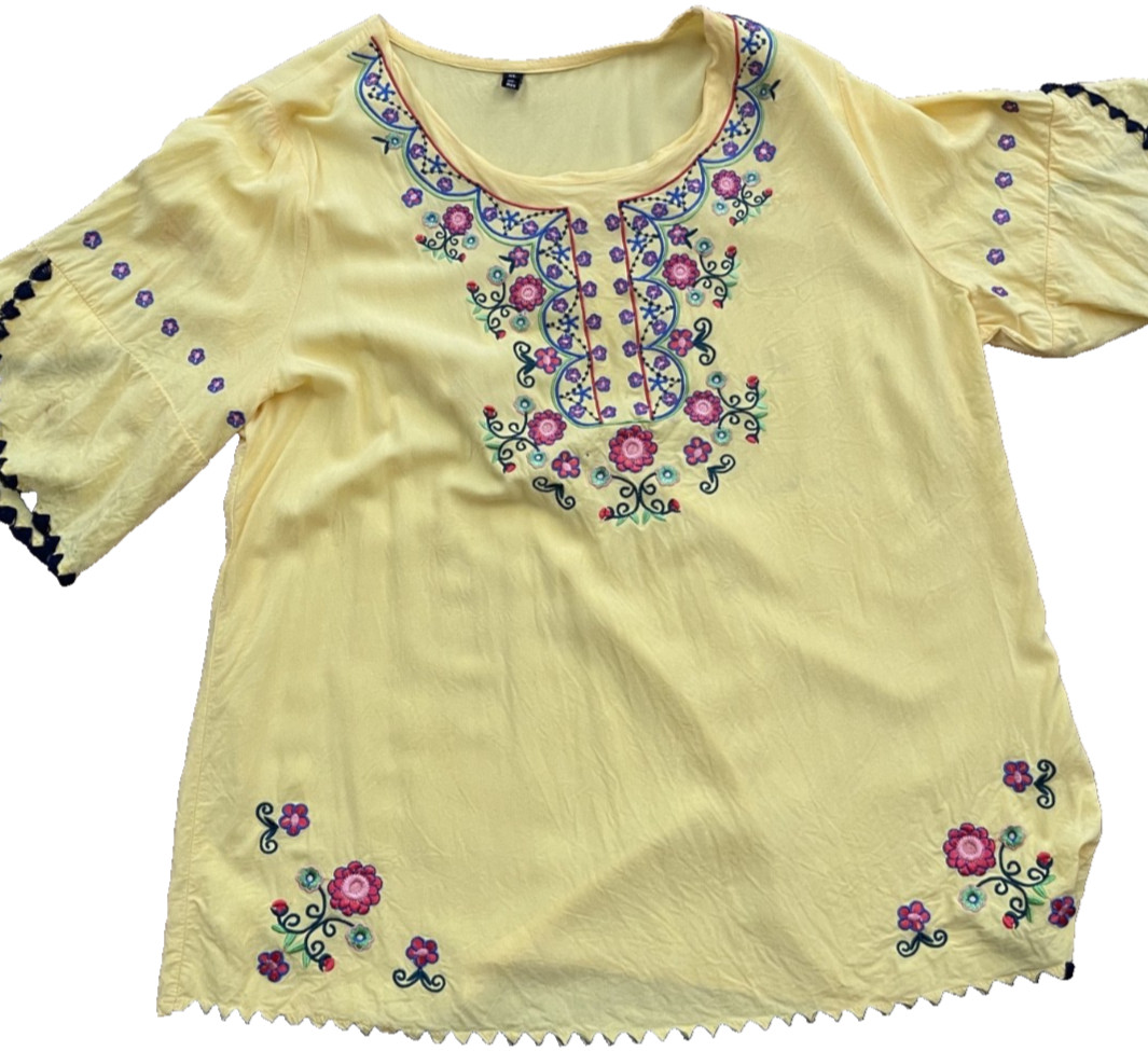 Shir Ale Tunic Top Yellow Lovely Embroidery Cotton XL VG Read