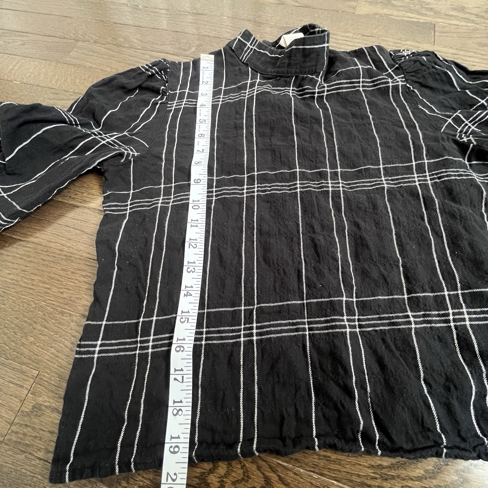 Eve Gravel Bardot Shirt Sz M Windowpane Black Puff Sleeve Cropped Preppy