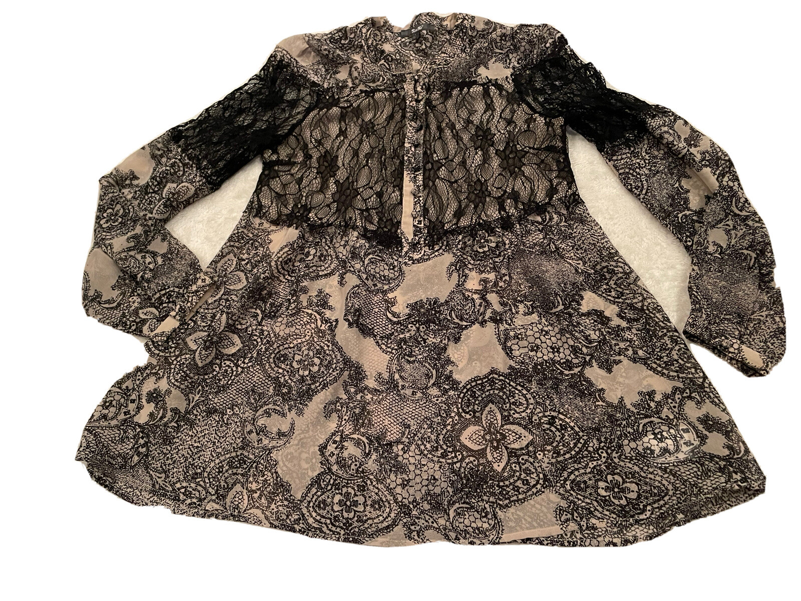 Miss Me lace fringe flowy sheer blouse shirt womens size small black tan EUC