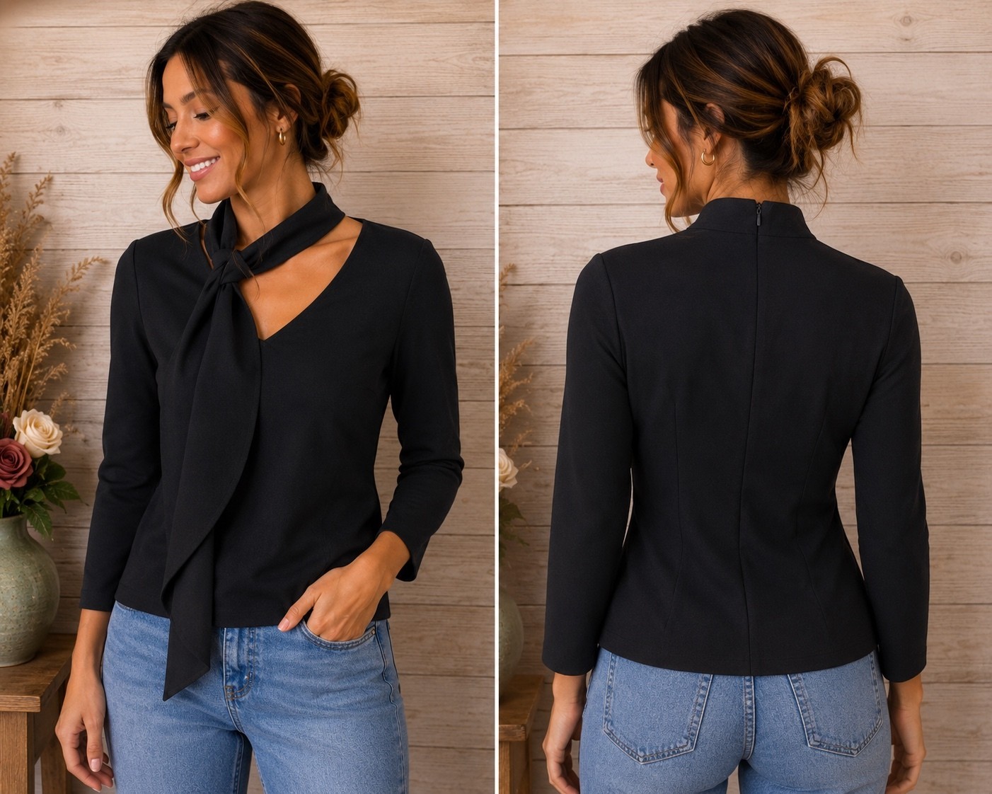 Intermix Black Long Sleeve Top with Neck Tie Detail Size 2