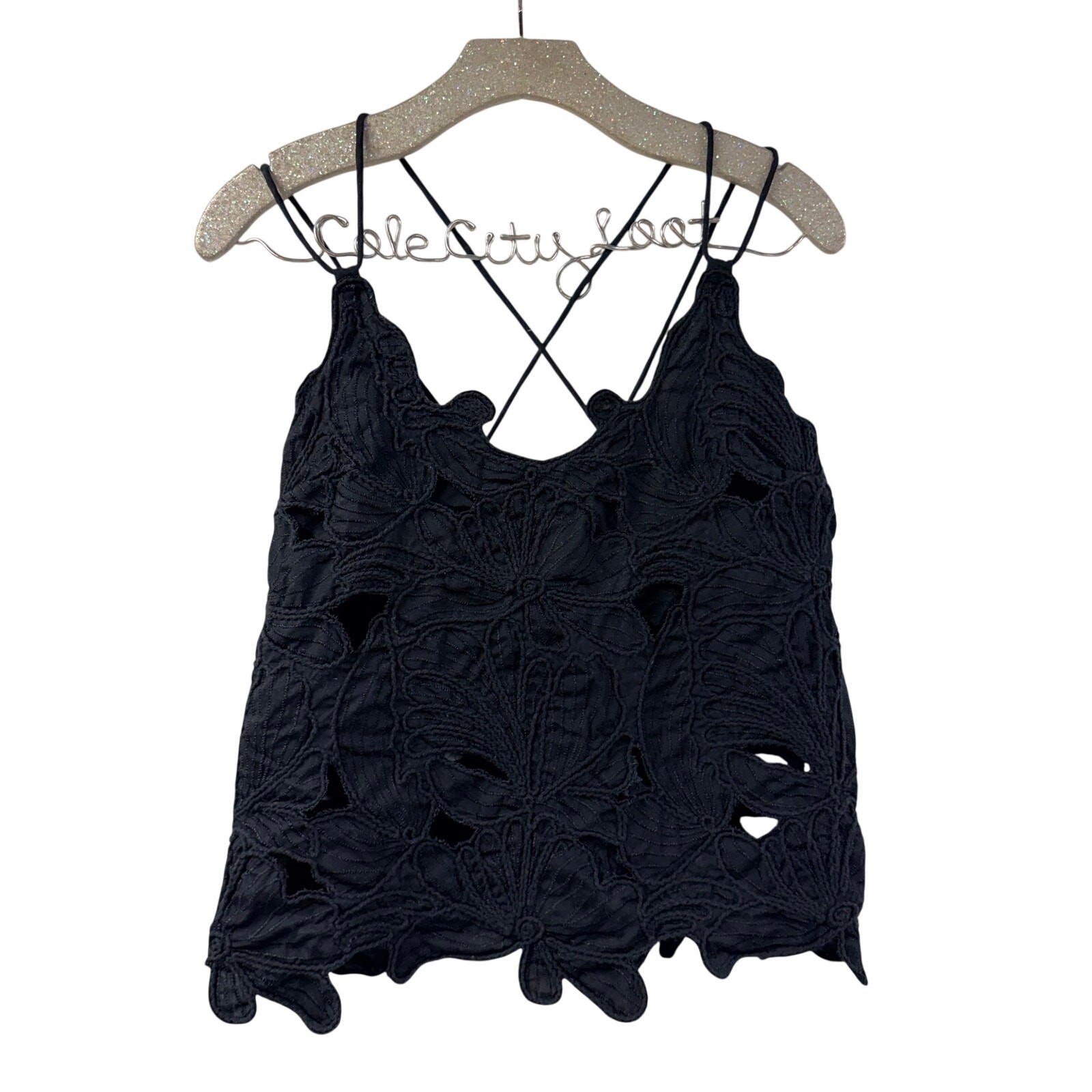 Black Lace Tank Top Open Back Spaghetti Strap Small H&M Cotton