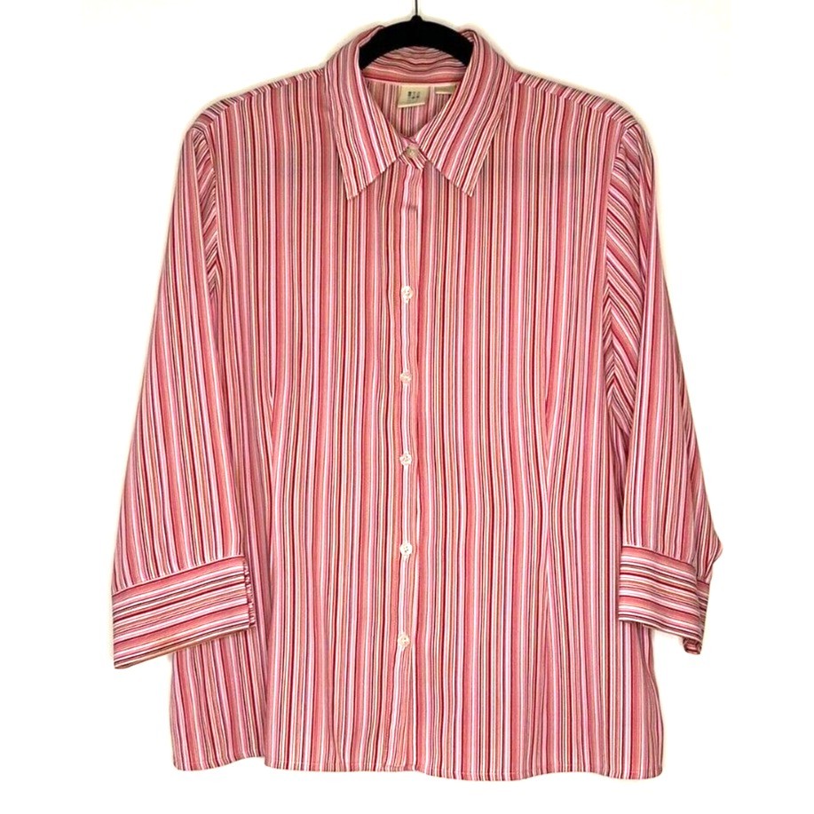 Apt. 9 Pink Colorful Striped Button Down Shirt 3/4 Sleeve L Office Career Preppy