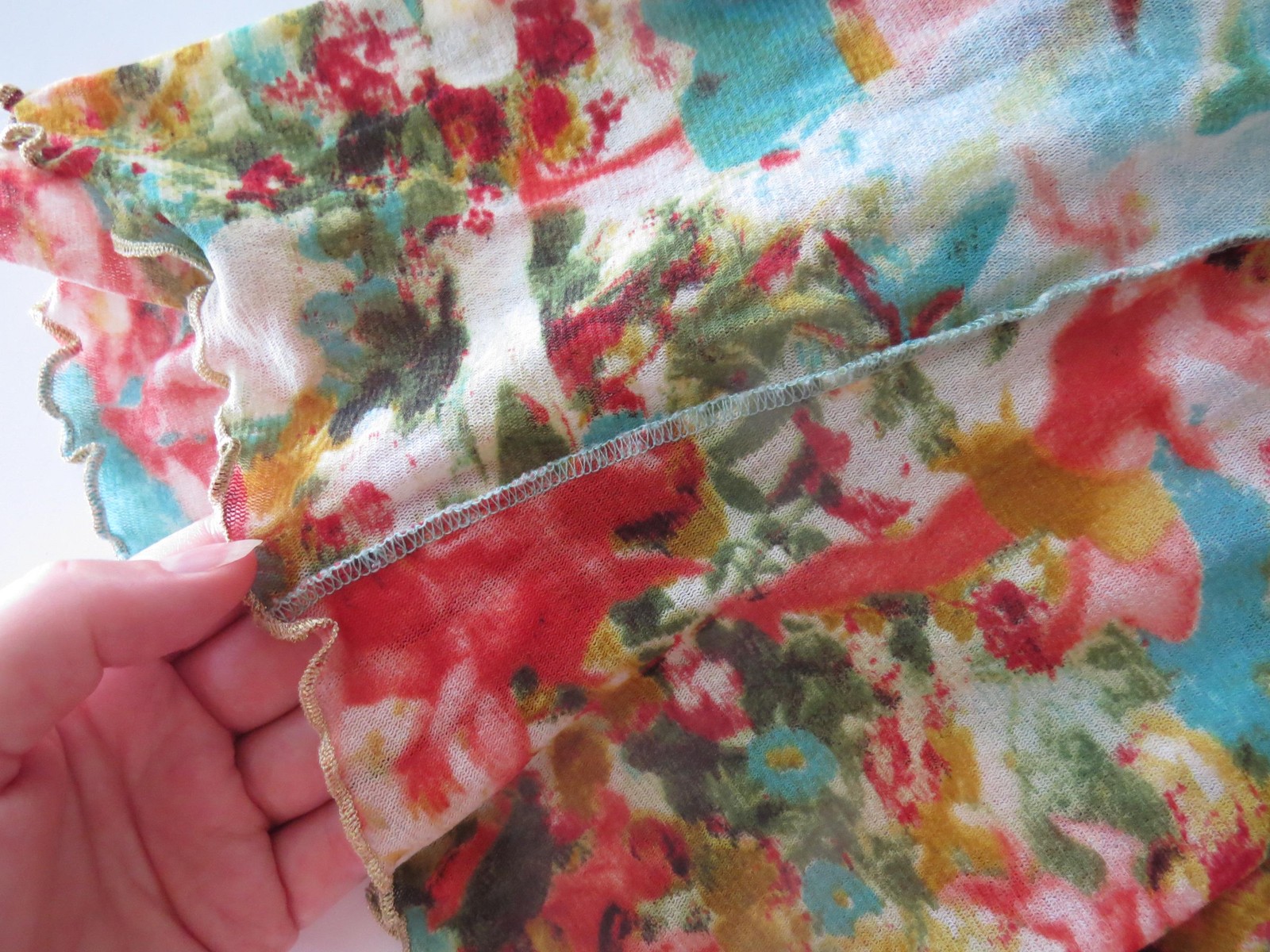 Vintage 2000s Cherub Print Sheer Knit Top, Floral, Gold Lettuce Edge, Nice