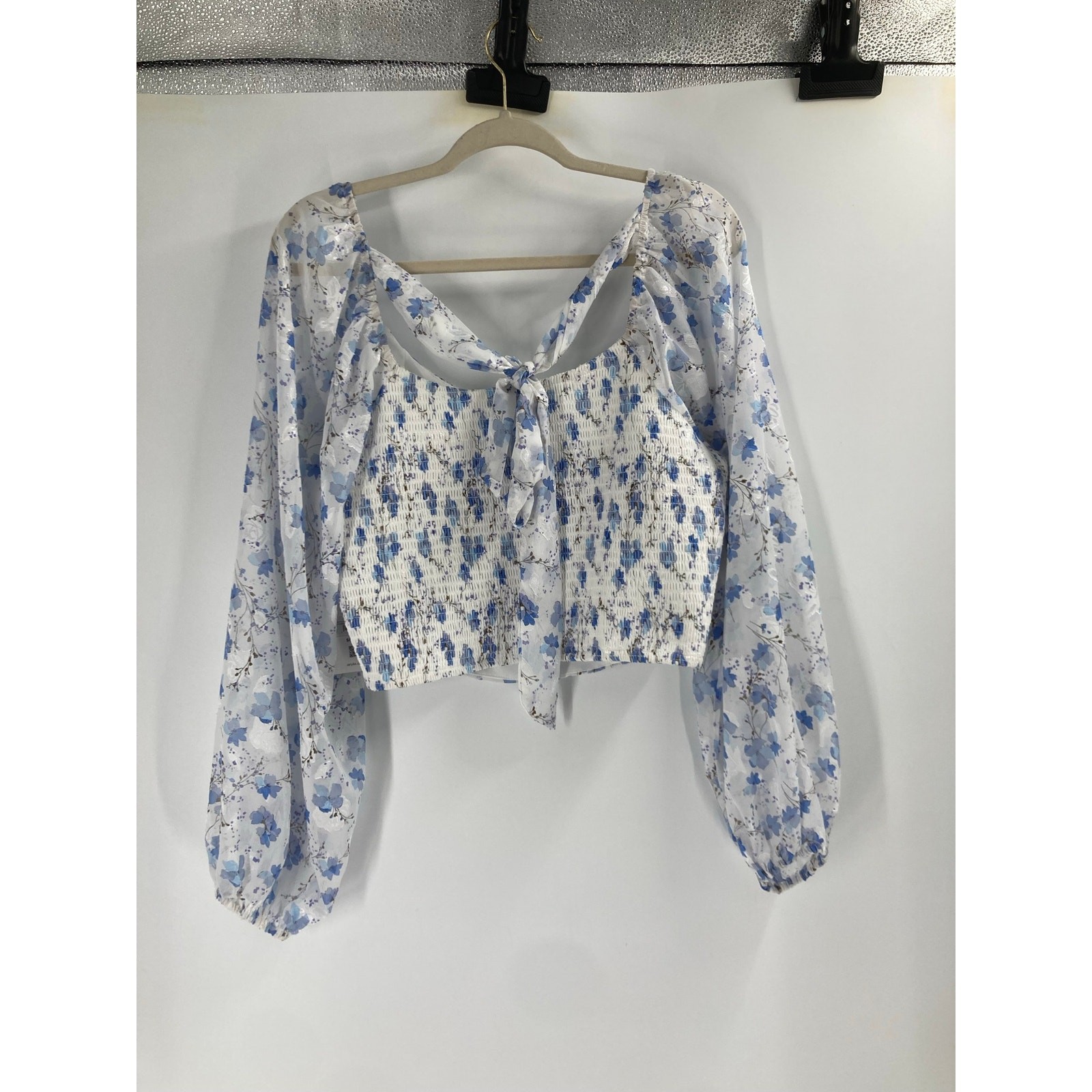 Arula Blue Floral Print Smocked Puff Sleeve Crop Blouse Cottage Women’s 1X NEW