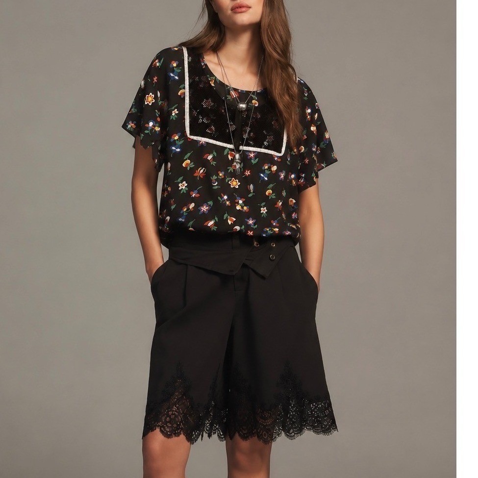 Lucca Couture Black/Red/Blue Floral Short Sleeve Blouse Top