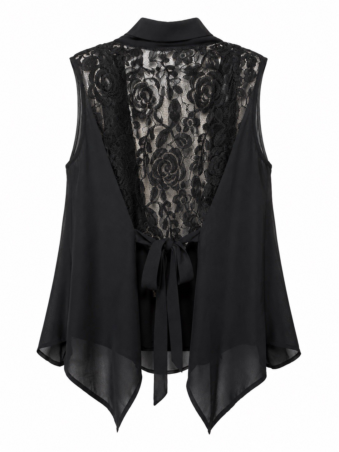 Black Open Front Chiffon Vest Lace Back Waterfall Drape Tie Waist Layering Top