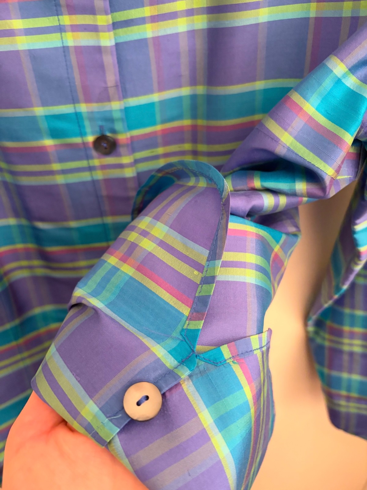 Nina McLemore 100% silk purple teal and green plaid button down