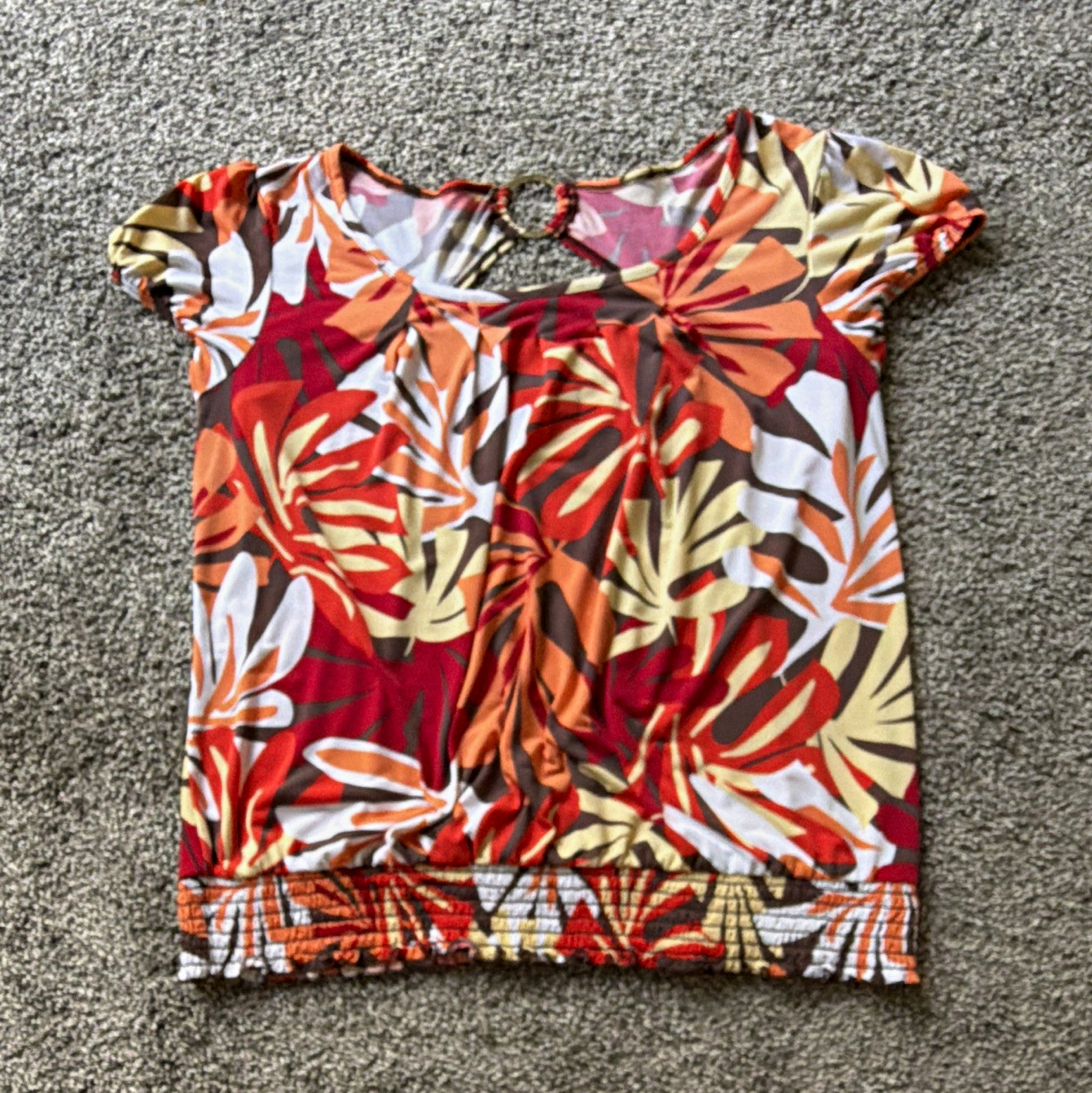 AB Studio Women’s L Tropical Floral Ring Neck Cap Sleeve Knit Stretch Blouse