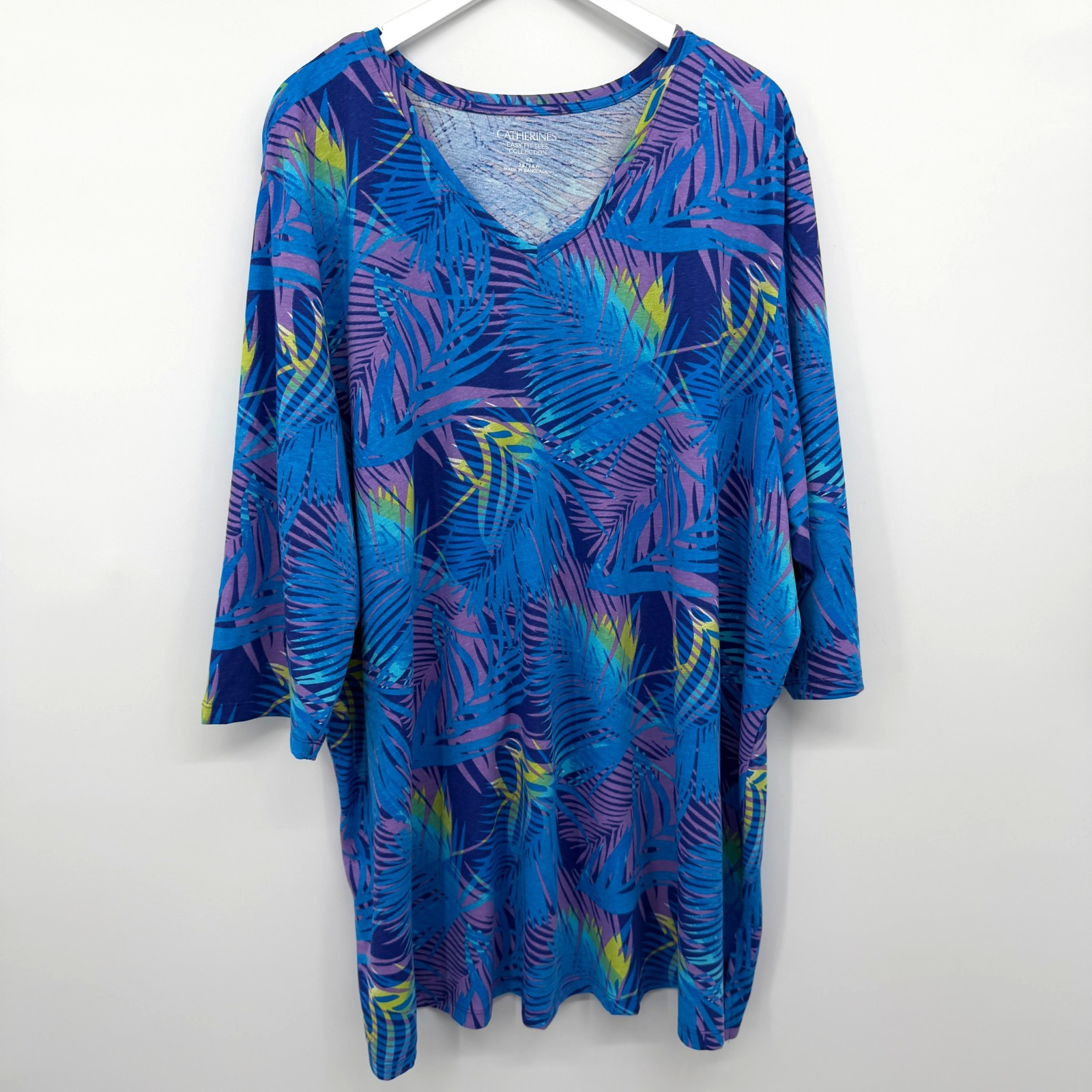 Catherines Easy Fit Tee Tunic Top Shirt 3X Knit 3/4 Sleeve Tropical Coastal New