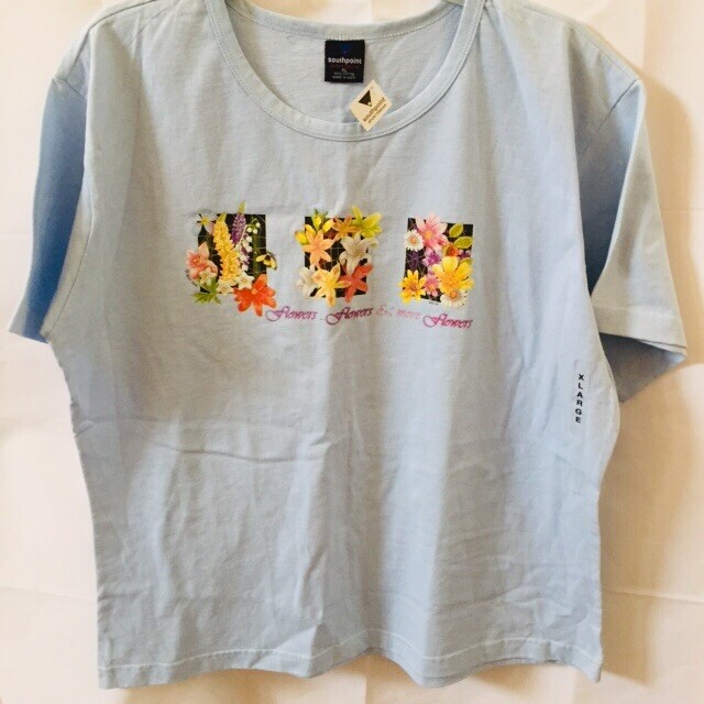South Point Sports Wear Womens XL Blue Tee Flowers Flowers Screen Print SS