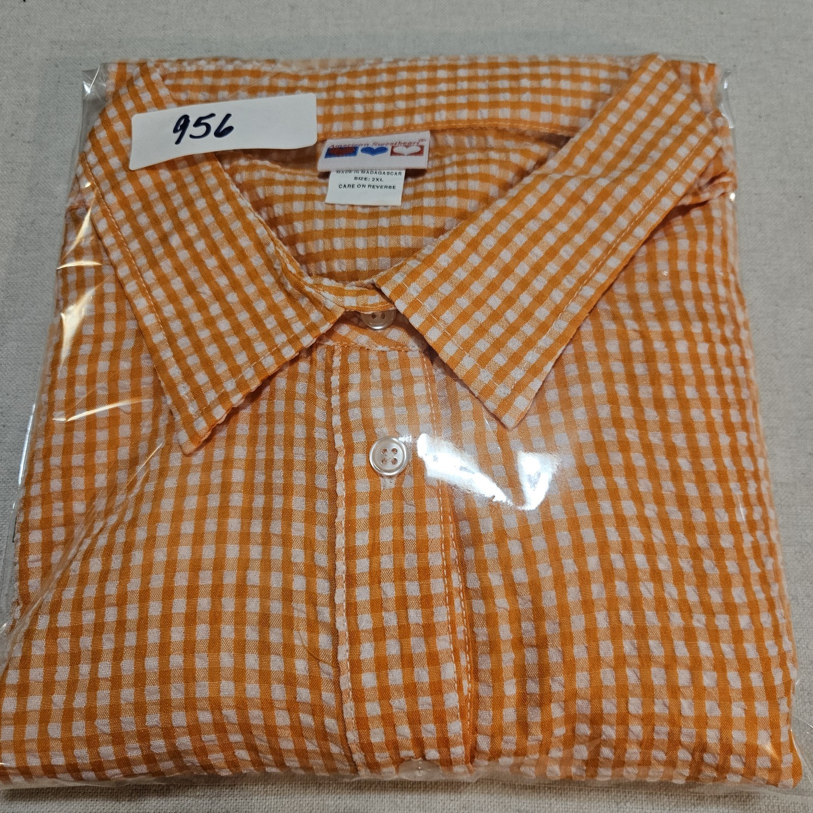 American Sweetheart Women’s 2XL Orange and White Gingham Seersucker Blouse Vtg