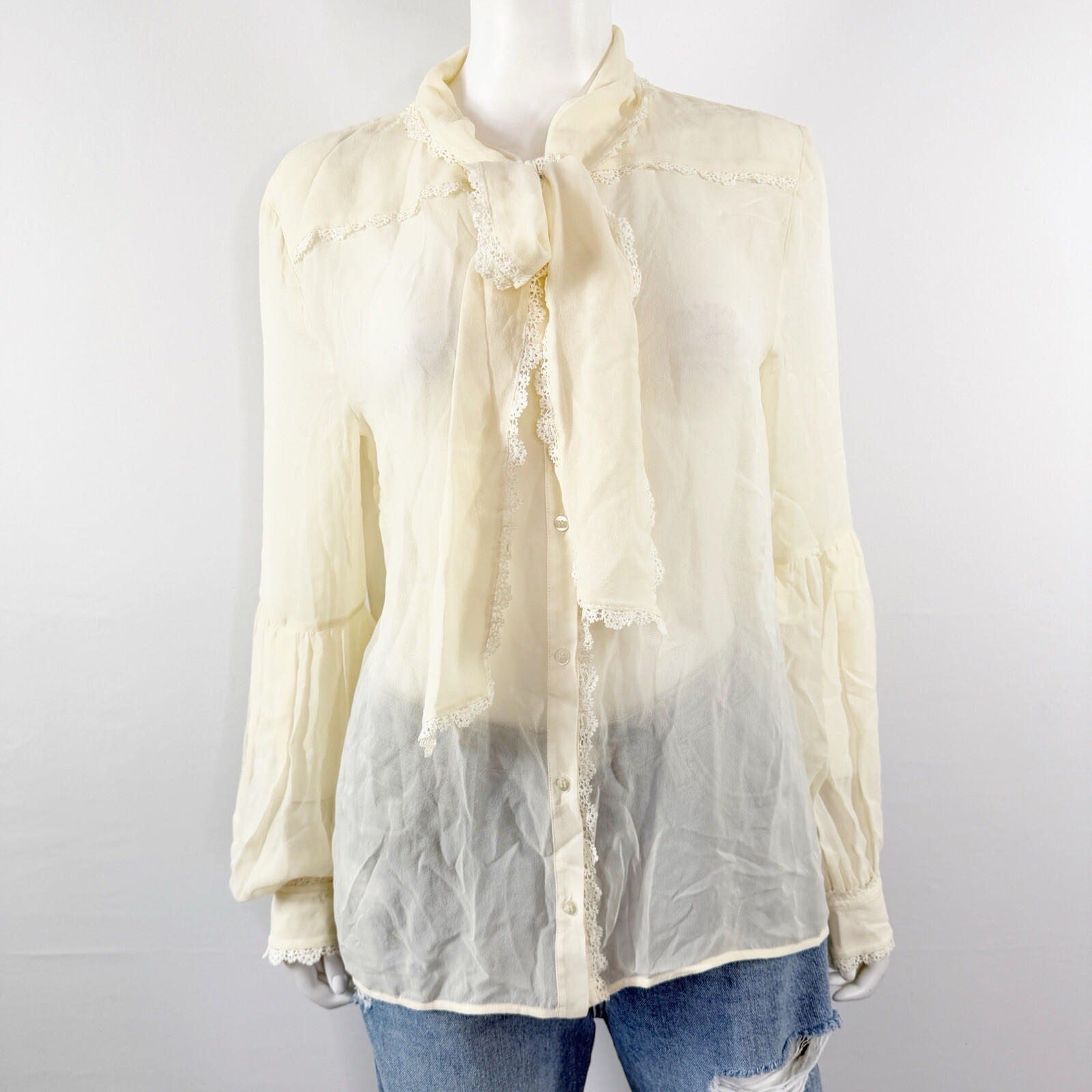 Pinko Ivory Sheer Silk Long Sleeve Blouse Crochet Lace Hem Womens 8