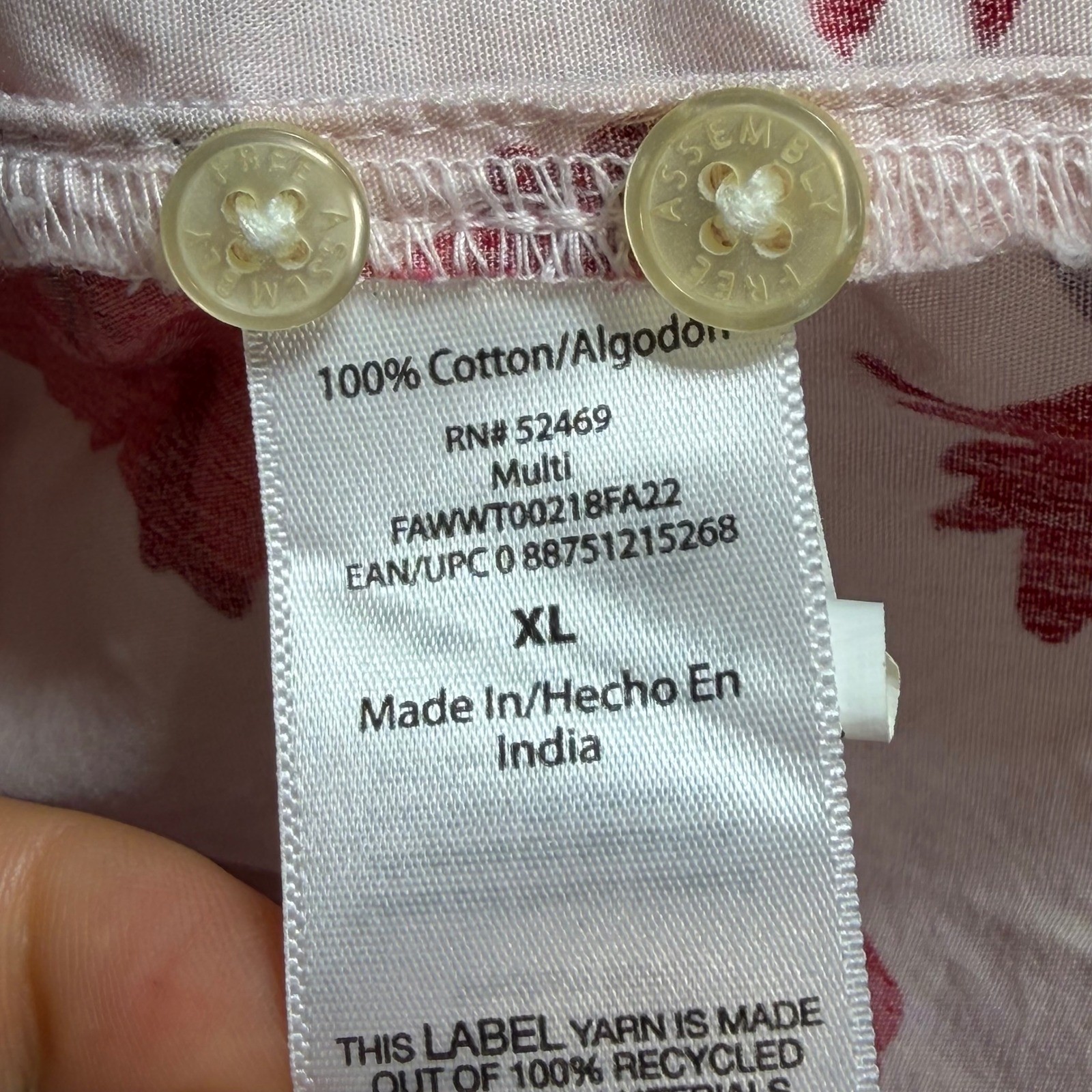 Free Assembly Womens XL Pink Red Floral Ruffle Shoulder Cotton Blouse Top