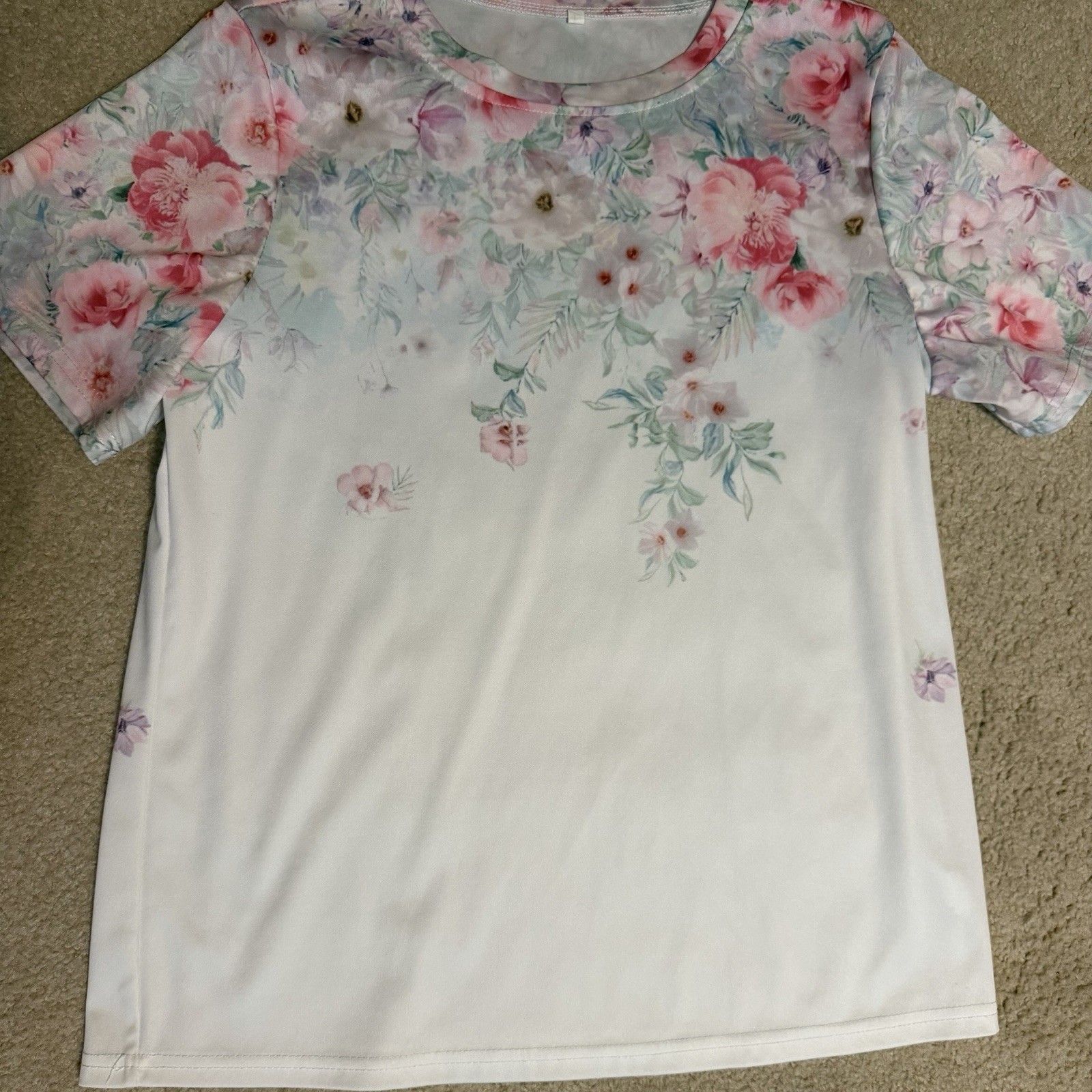 Womens White Pink Green Floral Knit Crew Neck Short Sleeve Pullover T-Shirt L