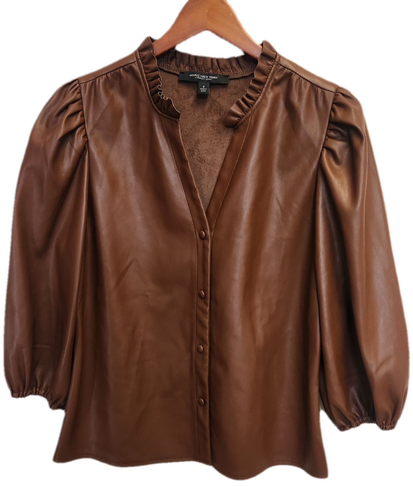 Marc New York Size S Faux Leather Blouse Ruffle V-Neck Long Puff Sleeves