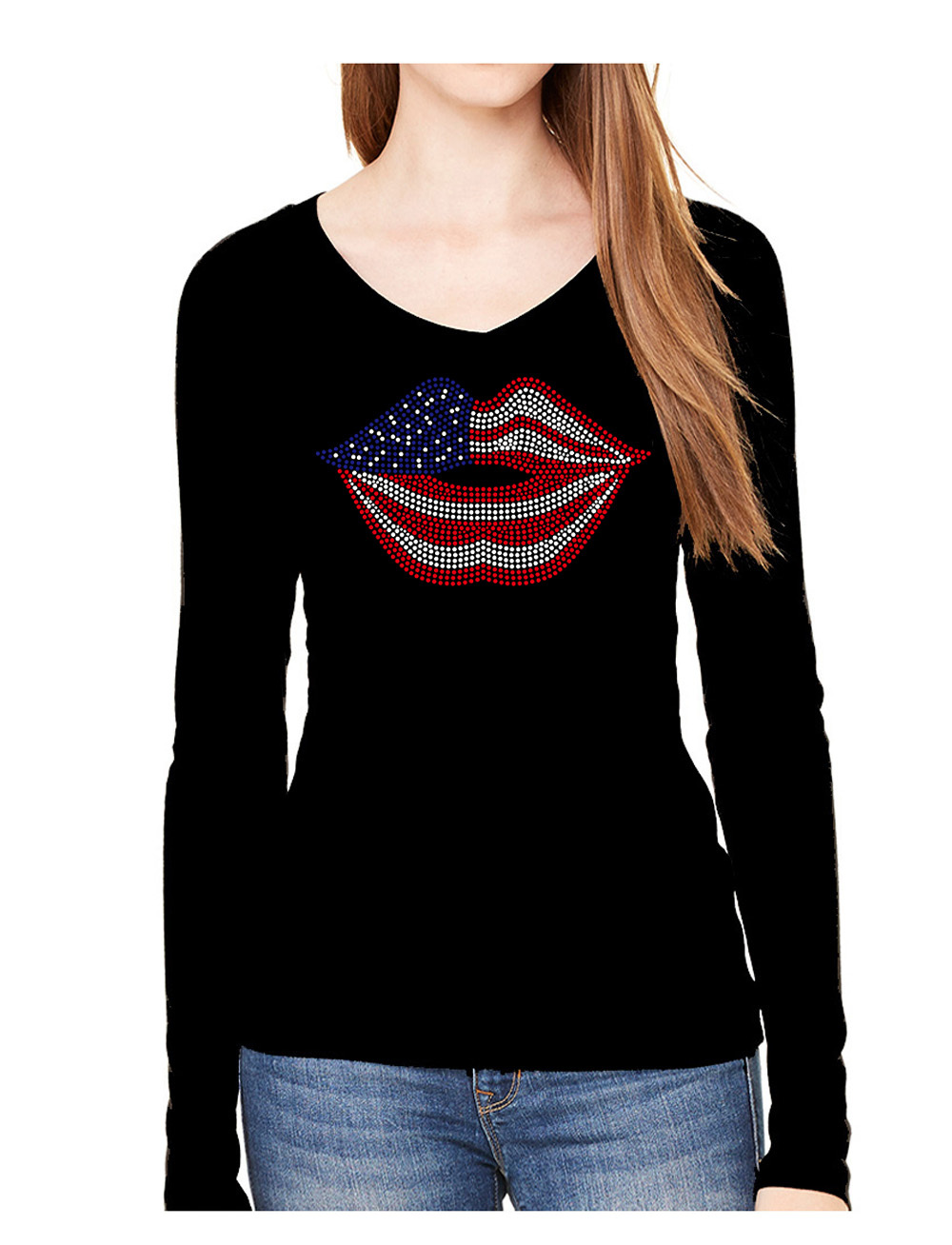 LIPS FLAG RHINESTONE JULY 4TH VETERANS DAY MEMORIAL VNECK LONG SLEEVE TEE SHIRT