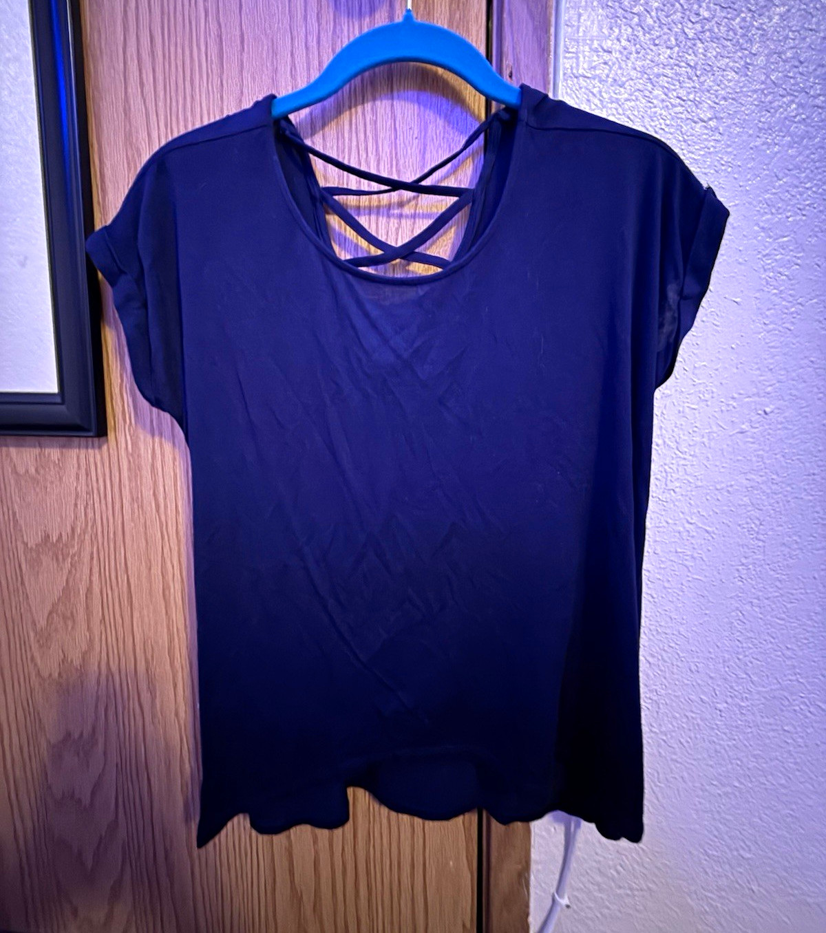 Mia Chica Women’s M Navy Blue Short Sleeve Cross Strap Open Back T-Shirt
