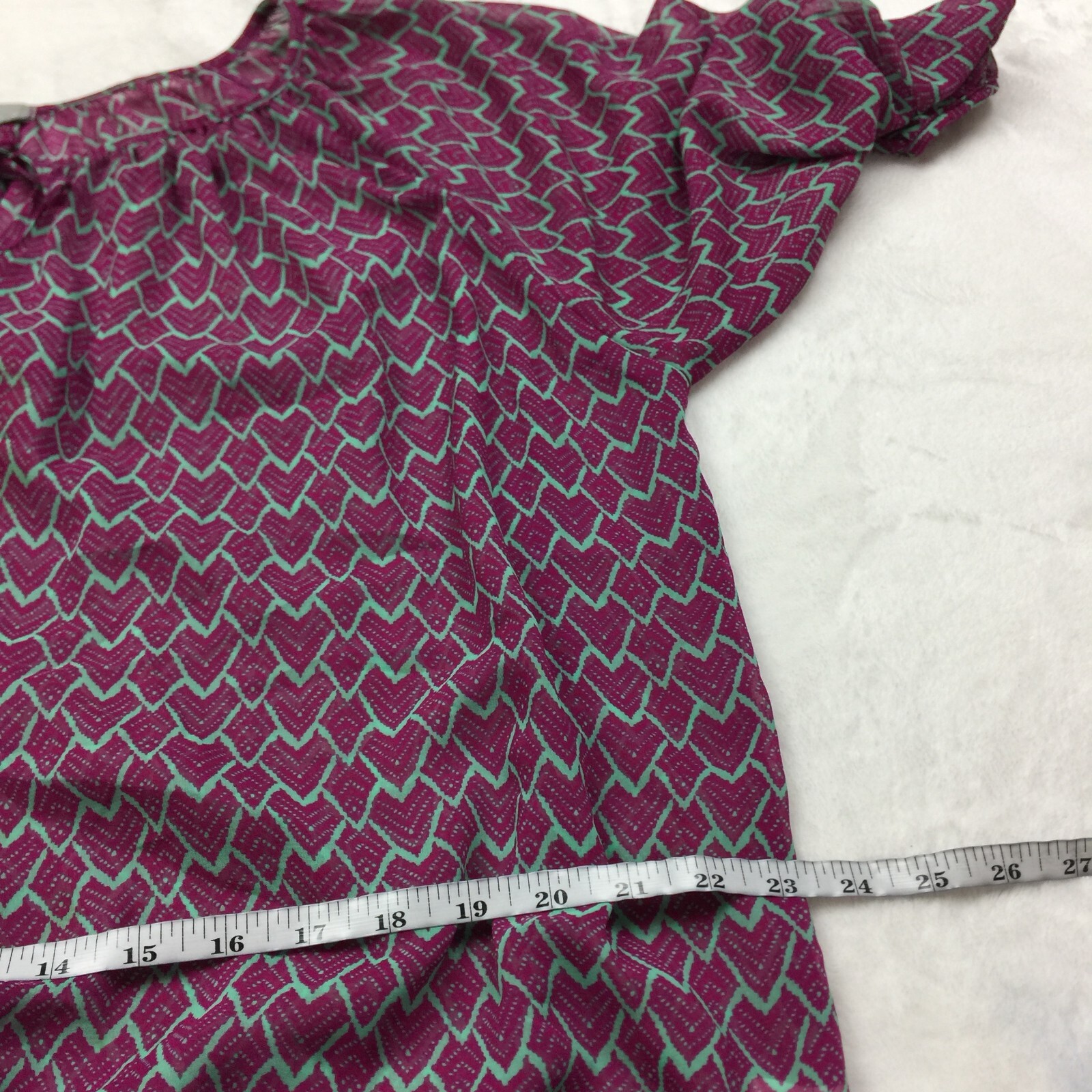 Olivia Moon Peasant Blouse Top XL Womans Purple Heart Print Sheer Elastic Waist