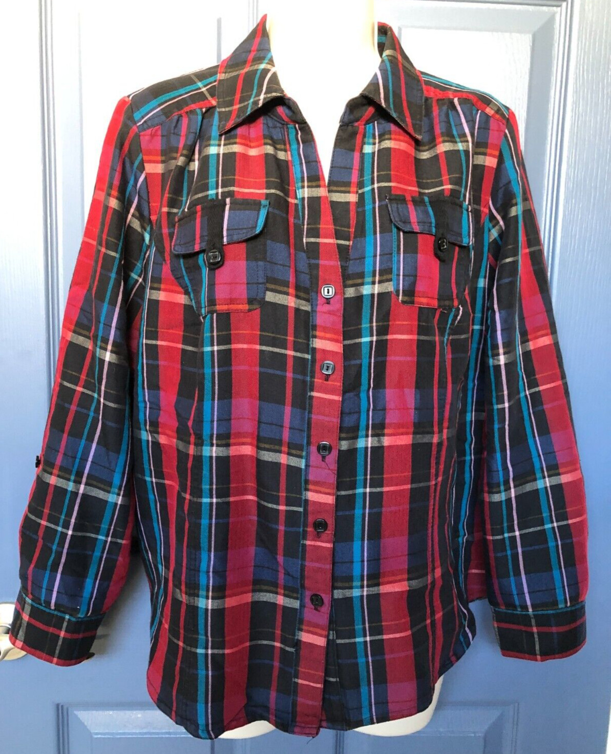 CJ Banks Size X Plaid Long Roll Tab Sleeve Shirt Pleated Back Women’s