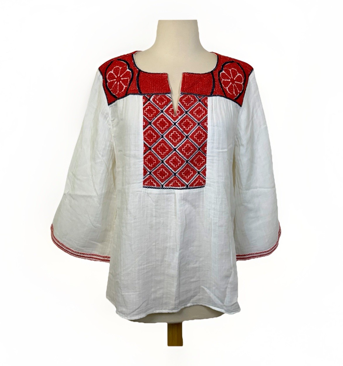 APNY Hi-Low Blouse Sz M Embroidered Tunic 3/4 Bell Sleeves Hippie 4th Of July