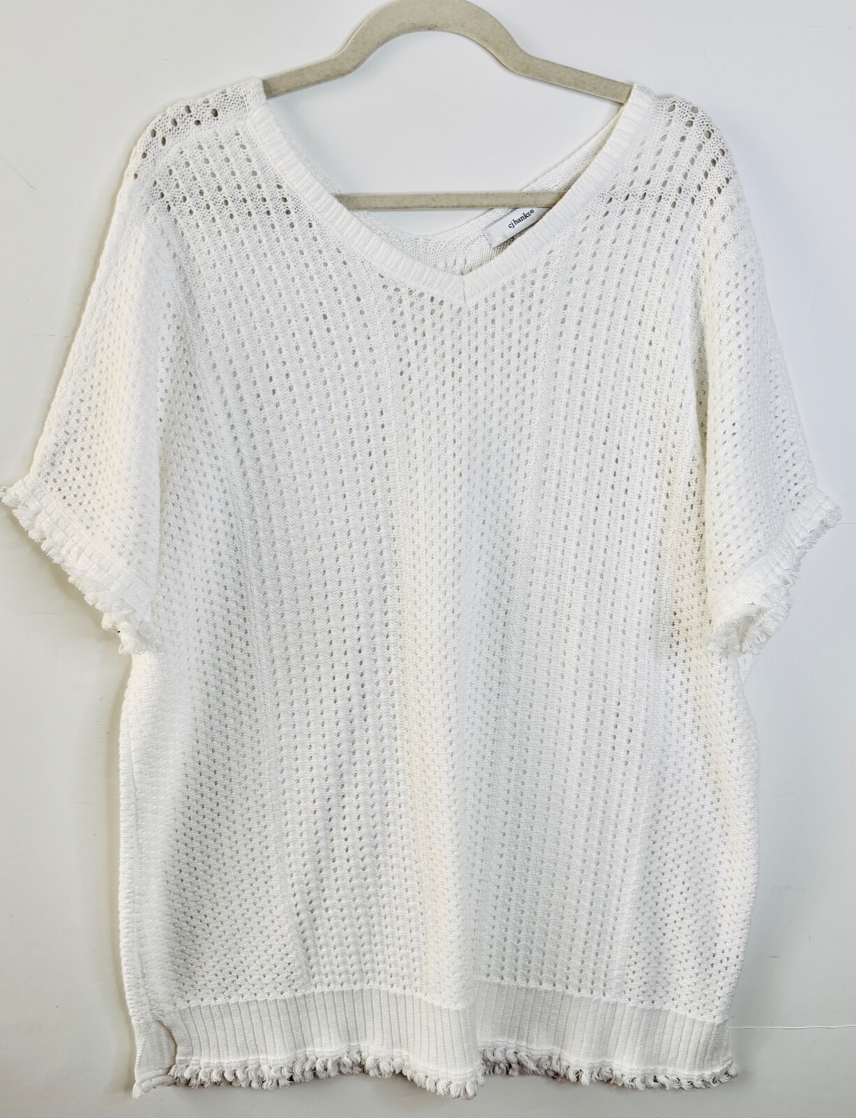 NEW CJ BANKS WHITE OPEN KNIT BEACHY RAMIE&COTTON FRINGE S/S SWEATER TOP SHIRT*2X