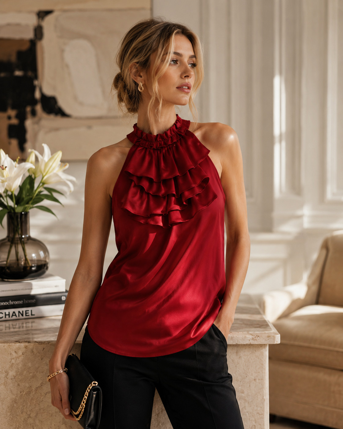 Elena Solano Silk Ruffle Halter Blouse Women’s Small Red Sleeveless Evening Top