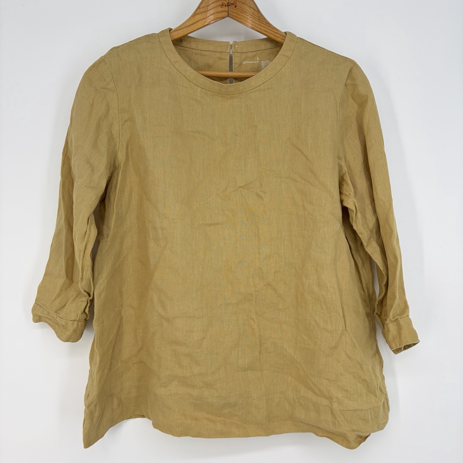 Muji 100% Linen 3/4 Sleeve Button Shirt L Round Neck Tan Gold Beige Quiet Luxury