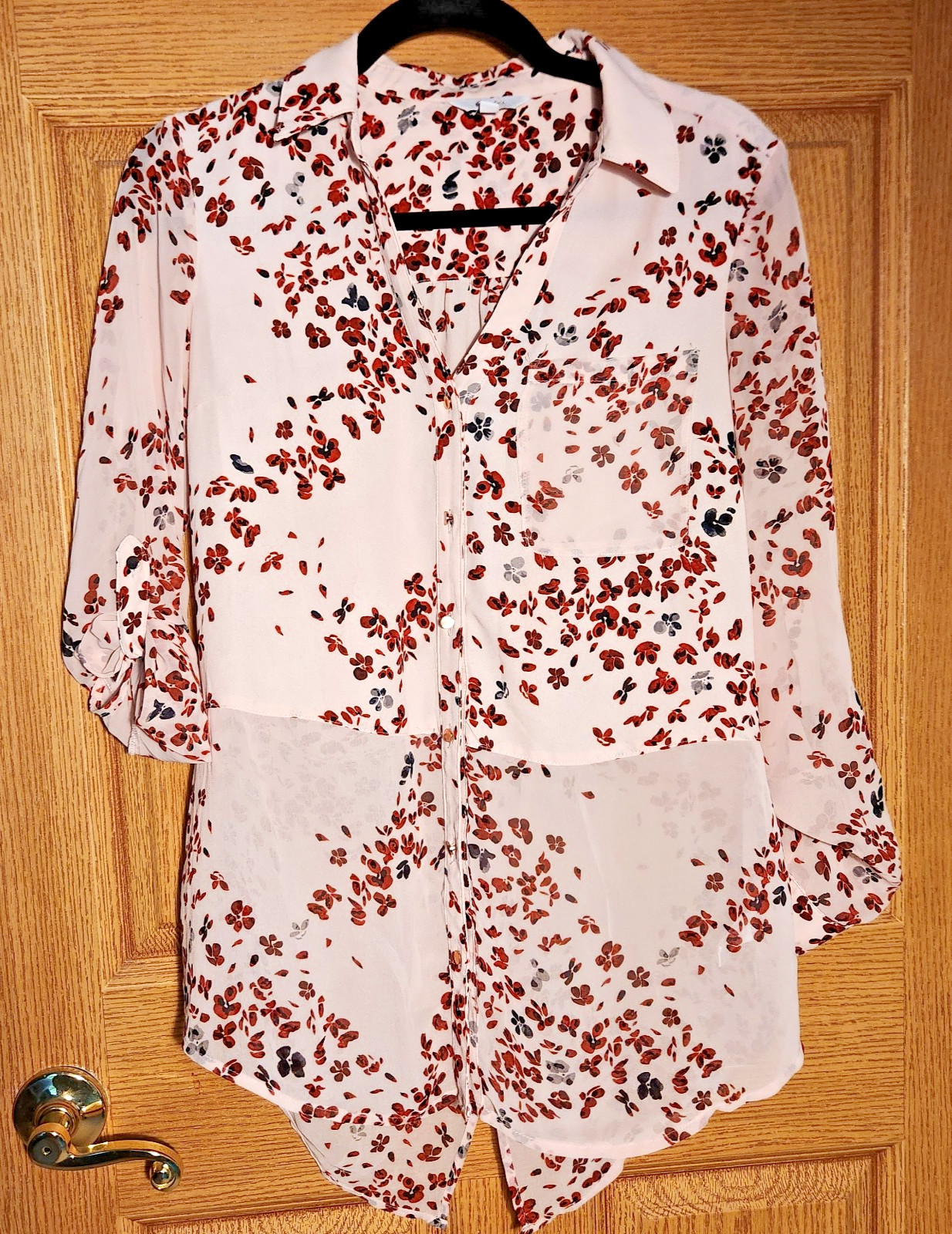 Candie’s Women Sheer Blouse M Pink Feminine Cherry Blossom Button Up Long Top