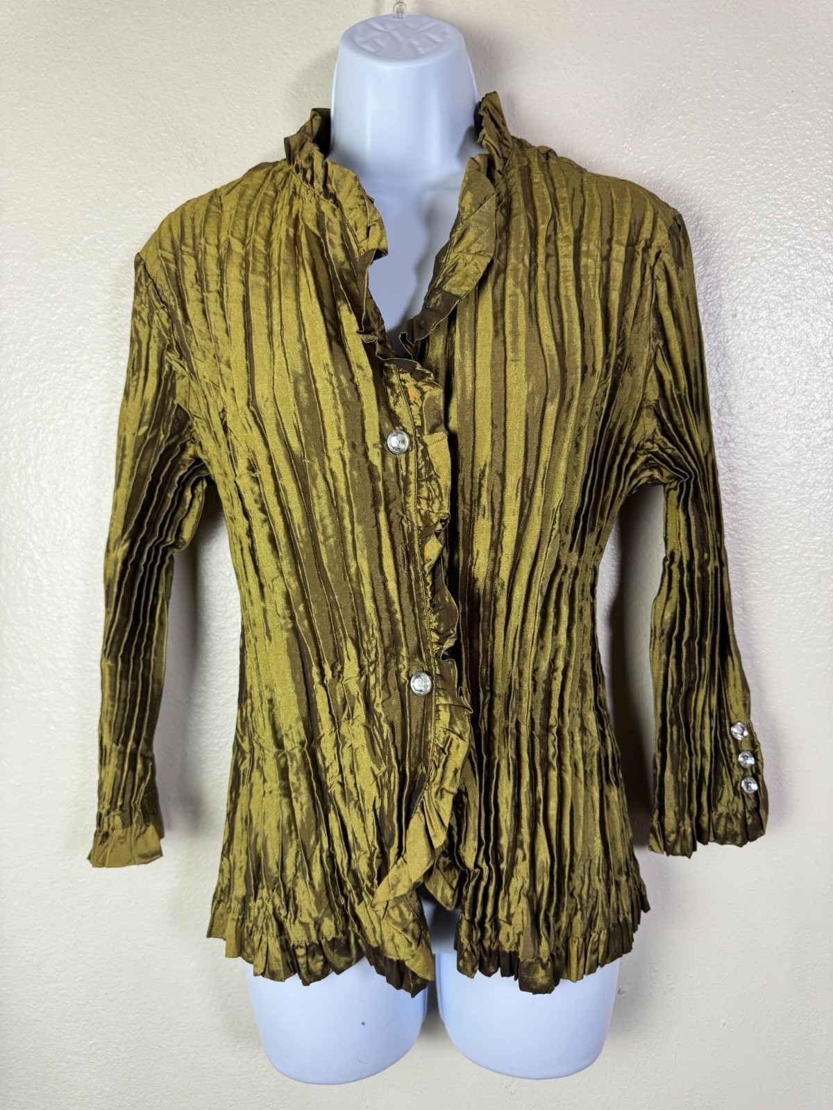 Agora Green metallic Crinkle Pleated Button-Up Blouse Women Size Large Artsy