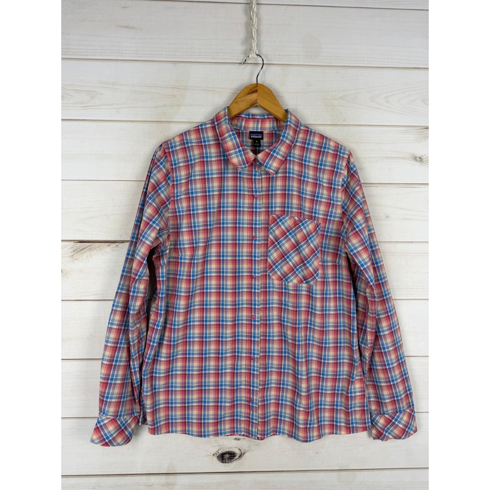 Patagonia Shirt Womens XL Pink Blue Plaid Snap Front Long Sleeve Hiking