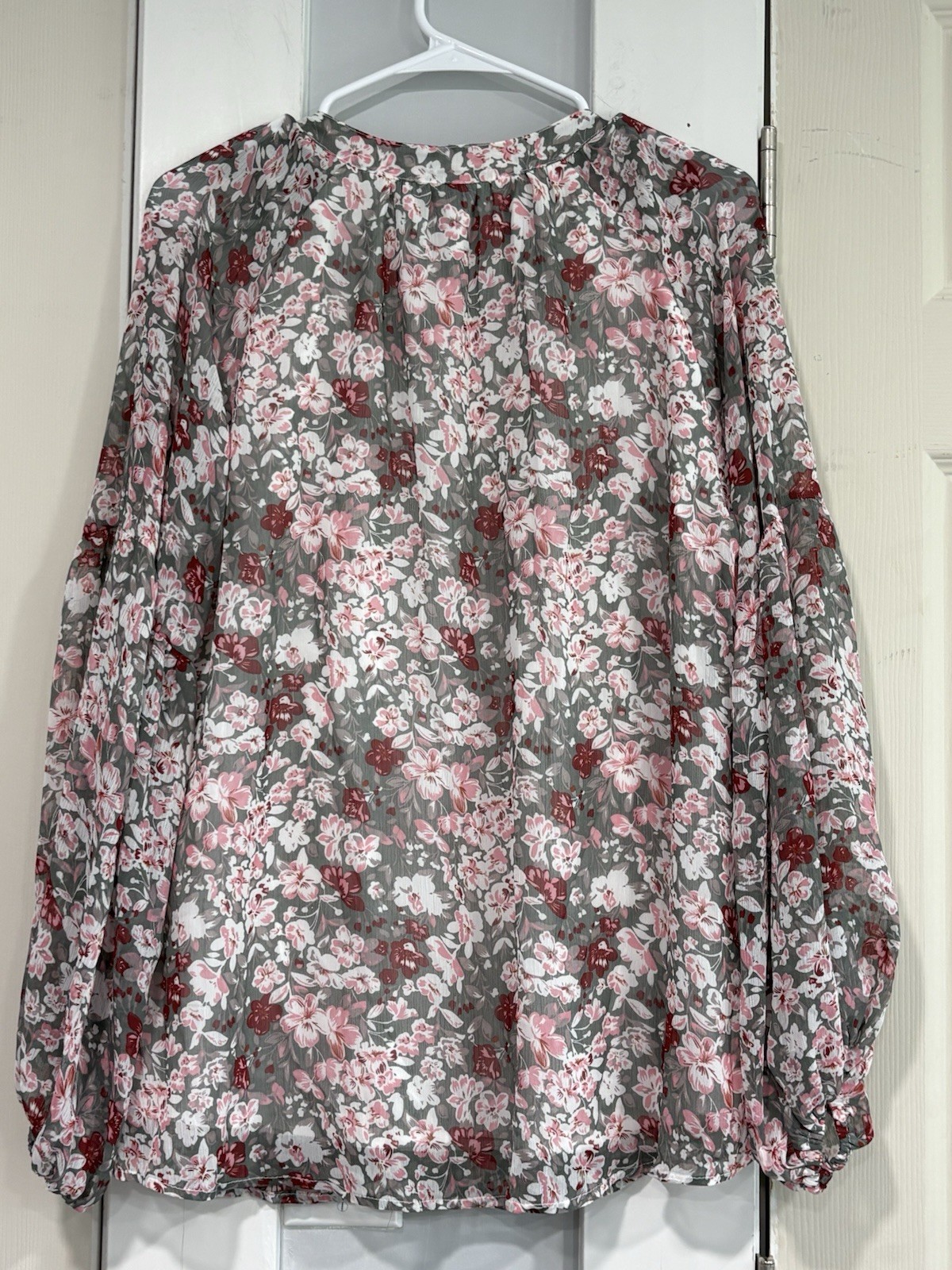 Women Floral Blouse Long Sleeve Gray pinl Red V Neck Boho Peasent Top