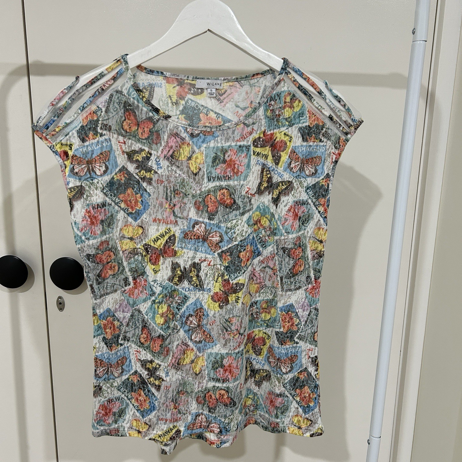 W Lane Postcard Stamps Top Size Small With Mesh Shoulder Detail Butterfly Beach