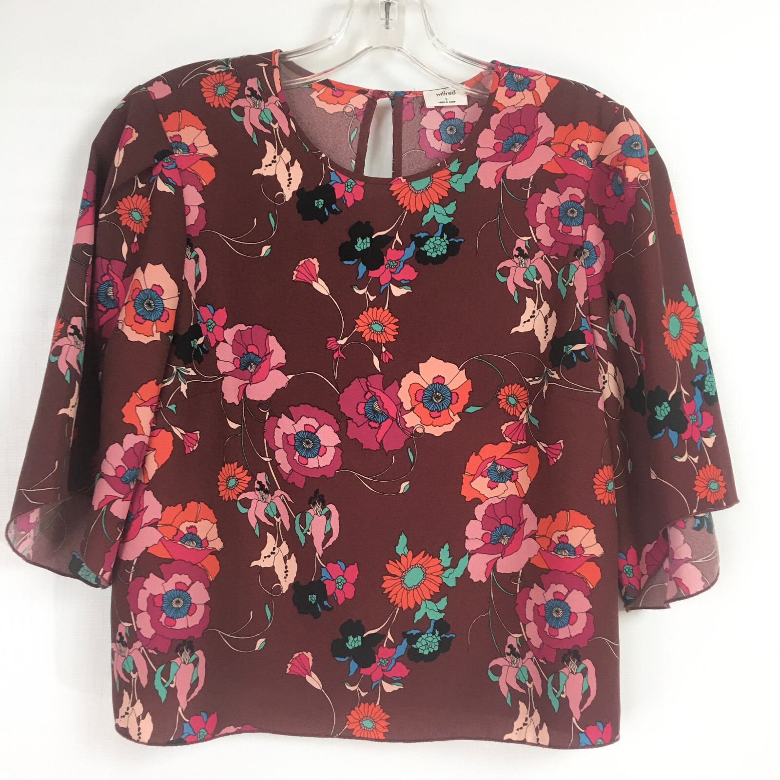 Wilfred Womens Small Cambrai Blouse Burgundy Multi Floral Short Slv Top Aritzia