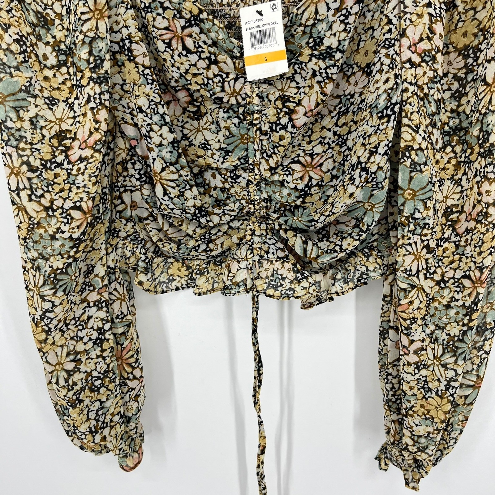 ASTR The Label Black Yellow Floral Ruched Crop Top ACT16830C Small New NWT