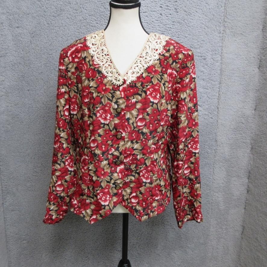 Vtg Leslie Fay Blouse Womens 12 Red Floral Lace Collar Button Front Long Sleeve