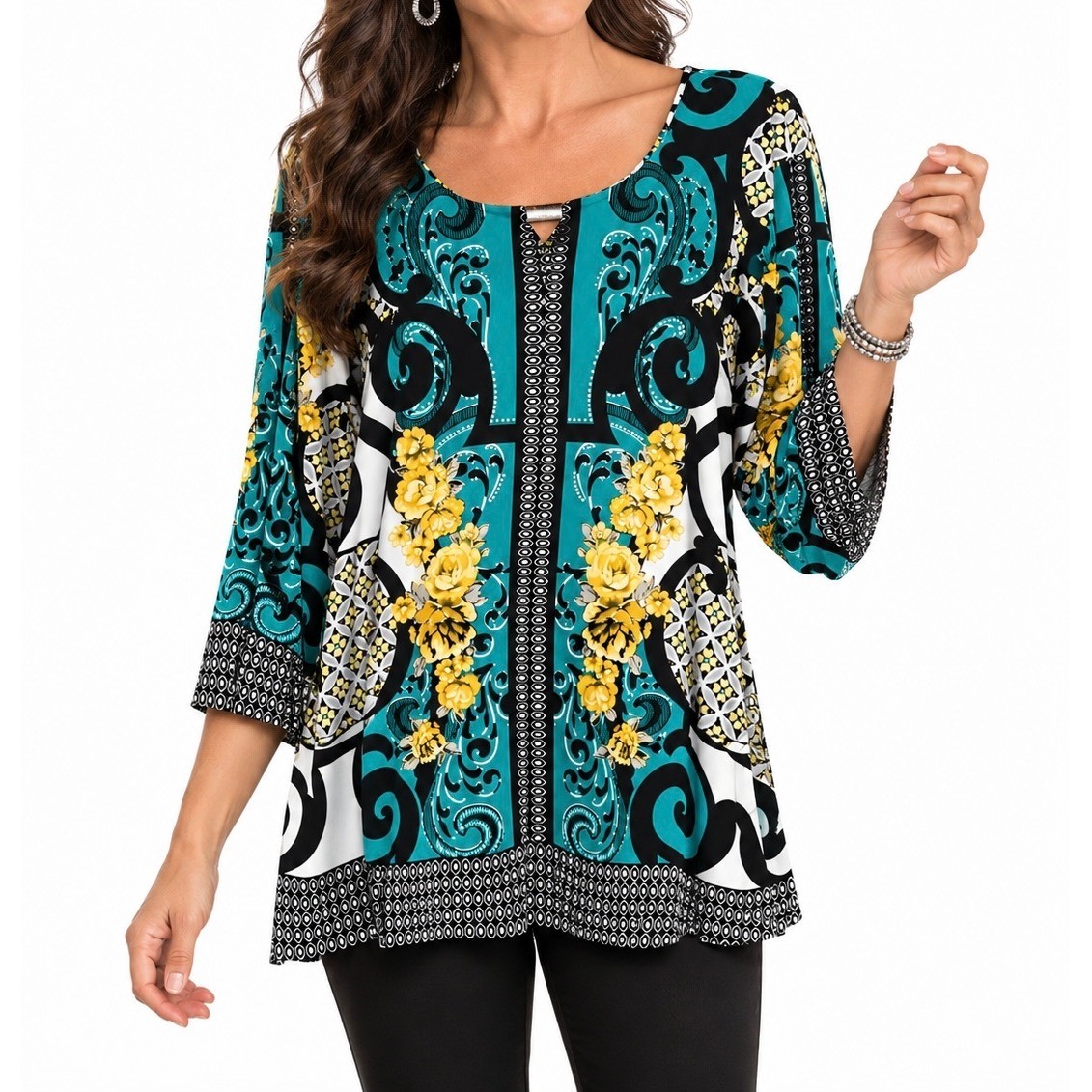 JM Collection Teal Floral Scroll 3/4 Sleeve Tunic Top 3X Rhinestone Keyhole