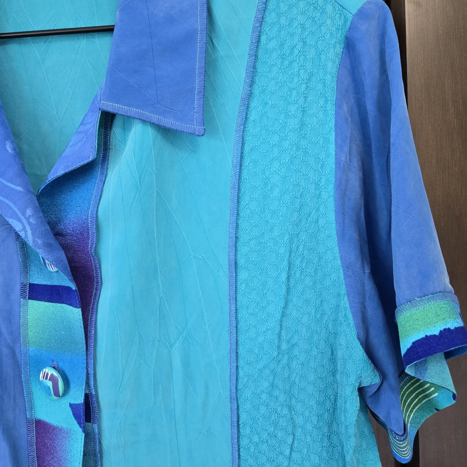 Vtg Christina Hope Mixed Media Button Up Exposed Hem Patchwork Artstly Aqua Blue