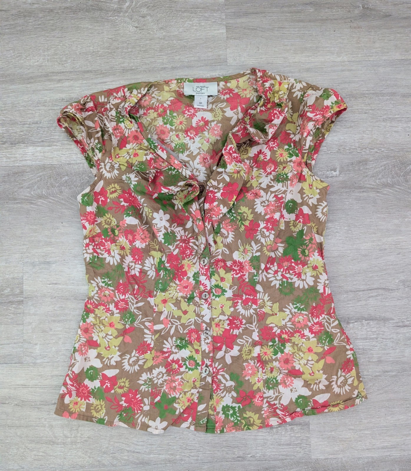 Ann Taylor Loft Sleeves Floral Print Blouse With Ruffled Front Size 0P