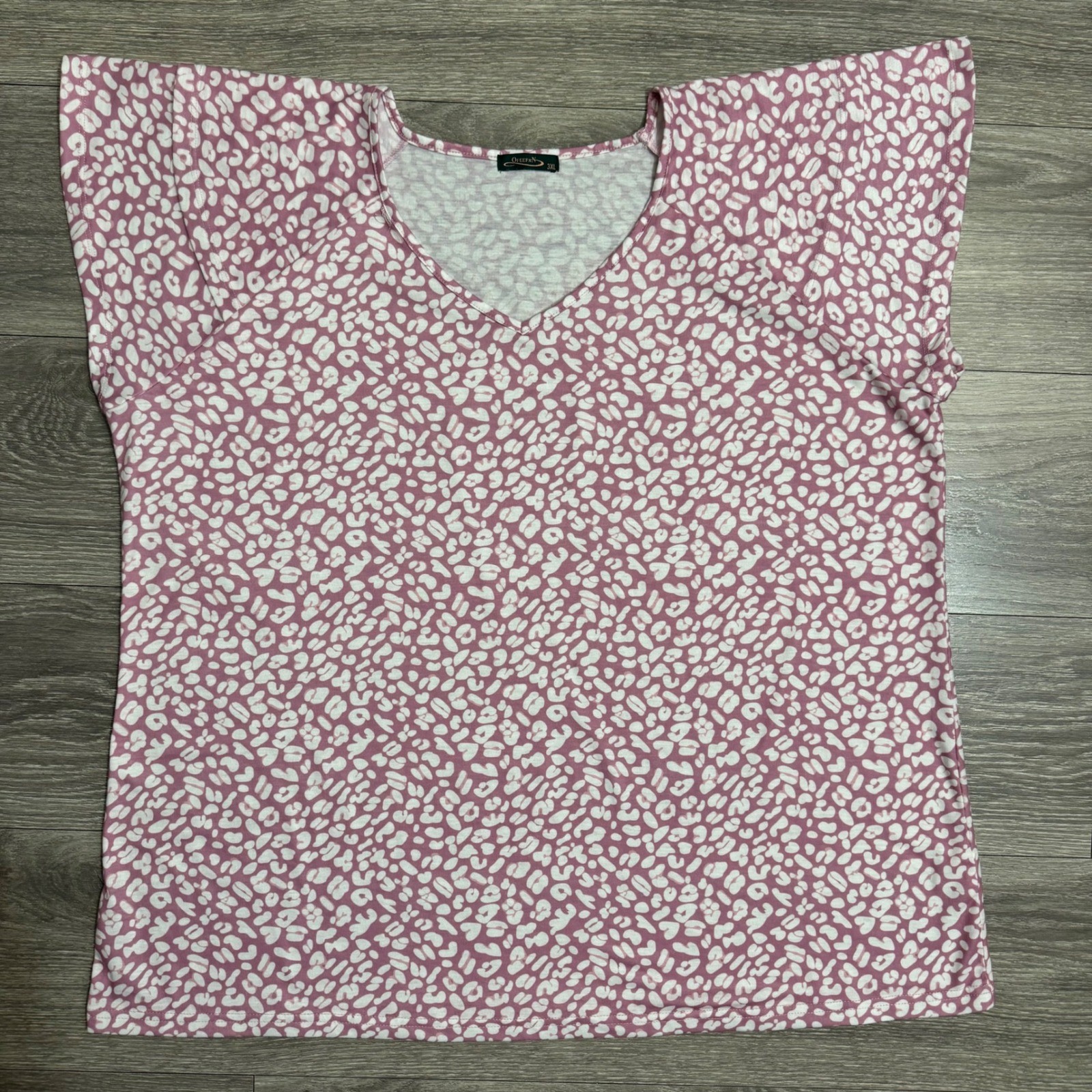 Ofeefan Womens Tunic Top 3XL Pink Leopard Animal Print V-Neck Short Sleeve Comfy